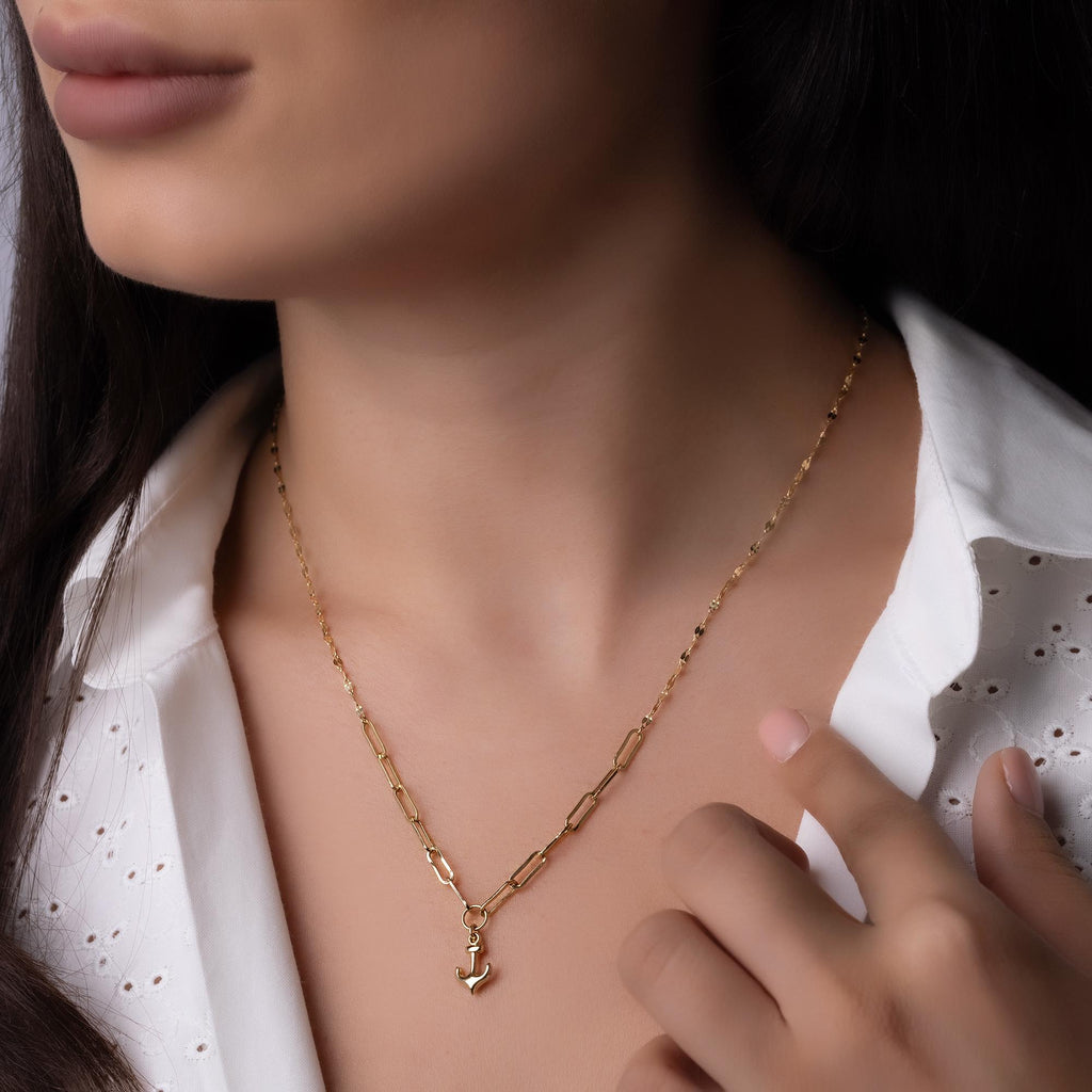 14K Solid Gold Anchor Pendant Necklace - Minimalist Nautical Jewelry