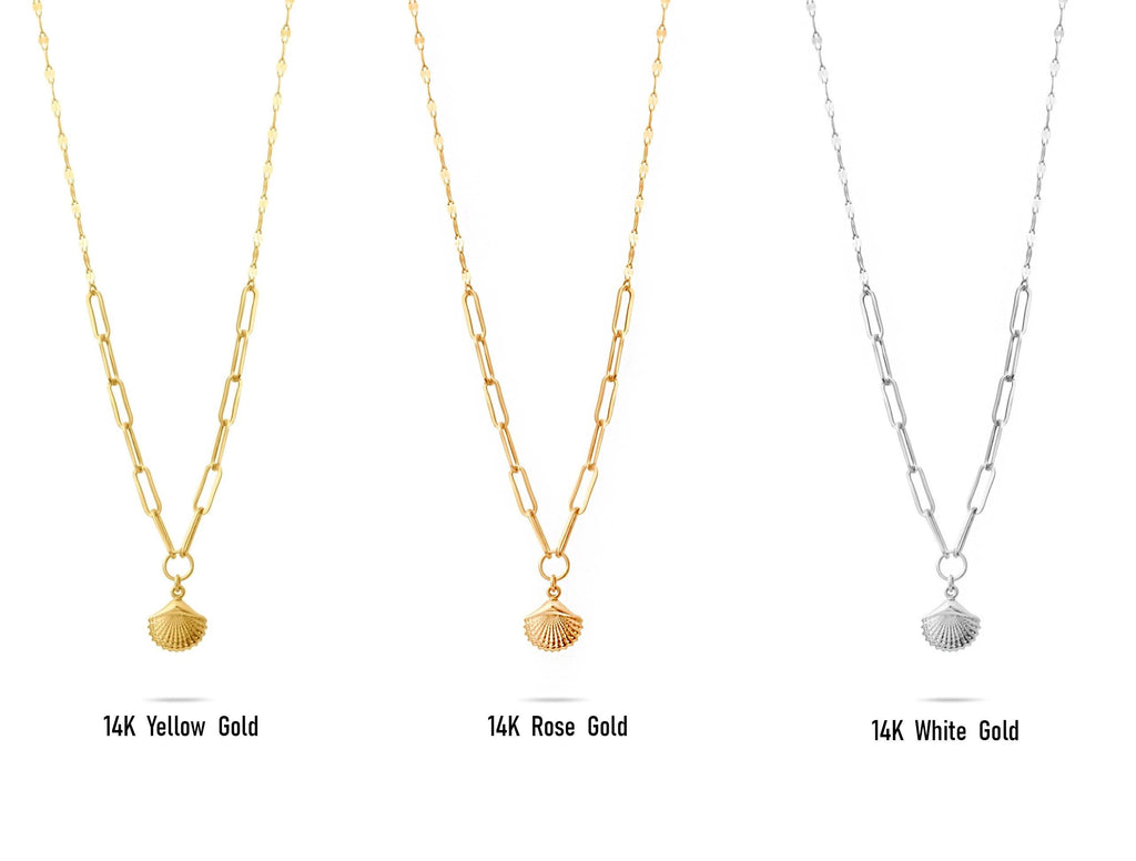 14K Solid Gold Seashell Necklace - Minimalist Ocean Jewelry