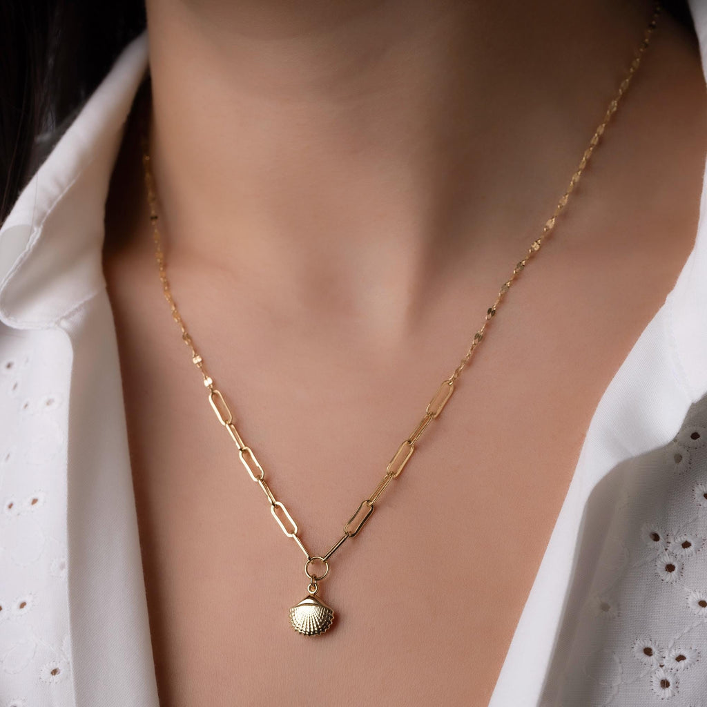 14K Solid Gold Seashell Necklace - Minimalist Ocean Jewelry