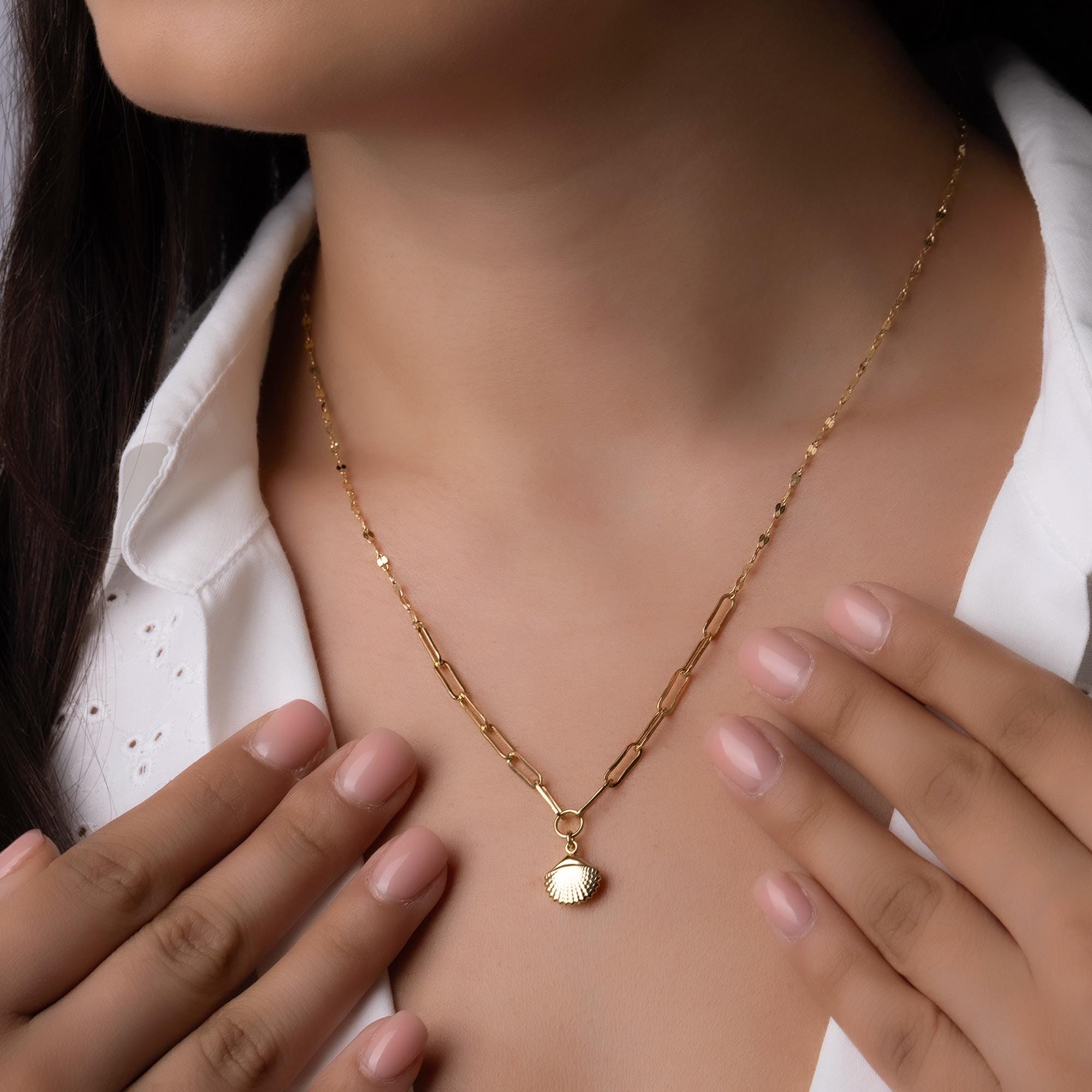 14K Solid Gold Seashell Necklace - Minimalist Ocean Jewelry