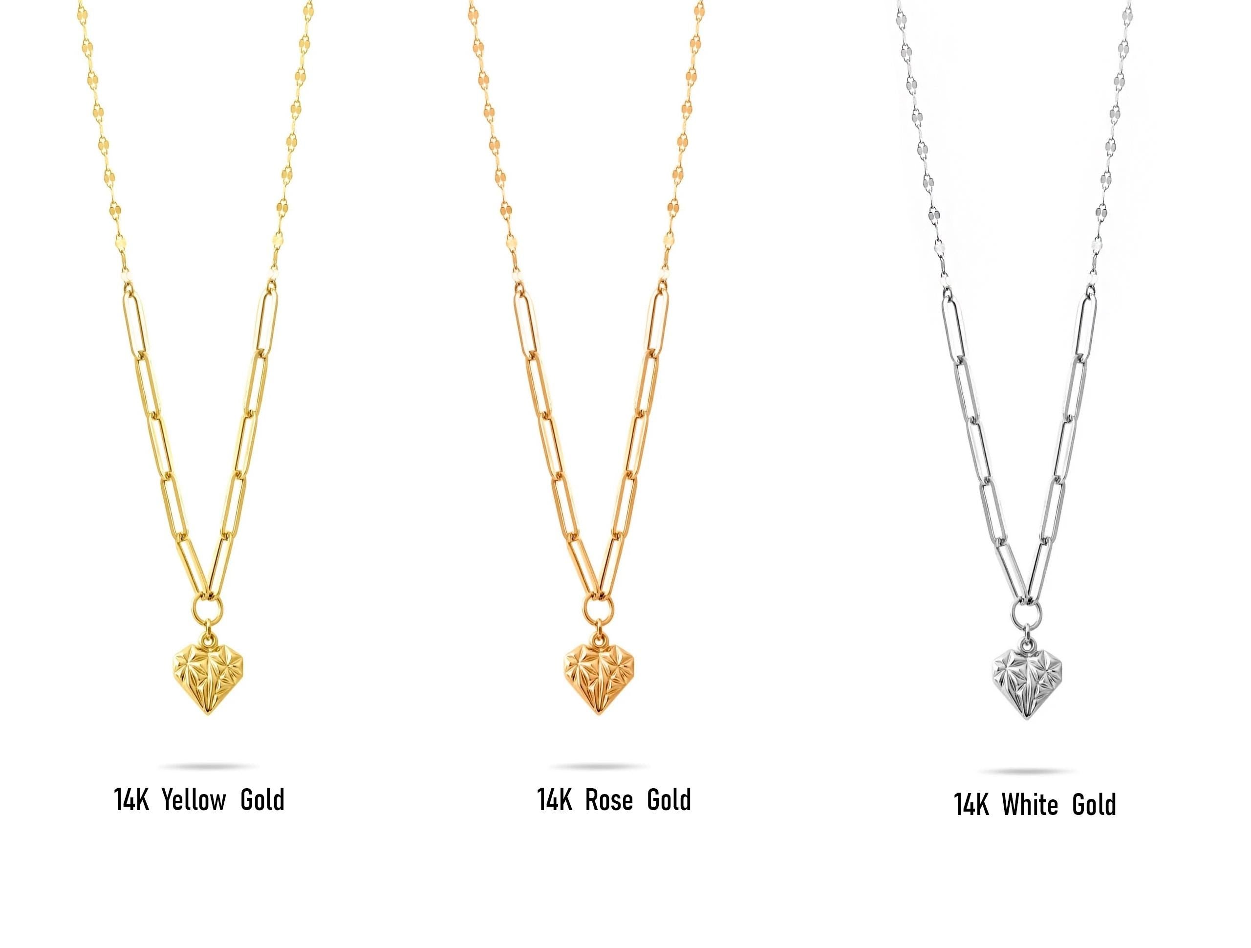 14K Solid Gold Heart Necklace - Real Gold Paperclip Chain