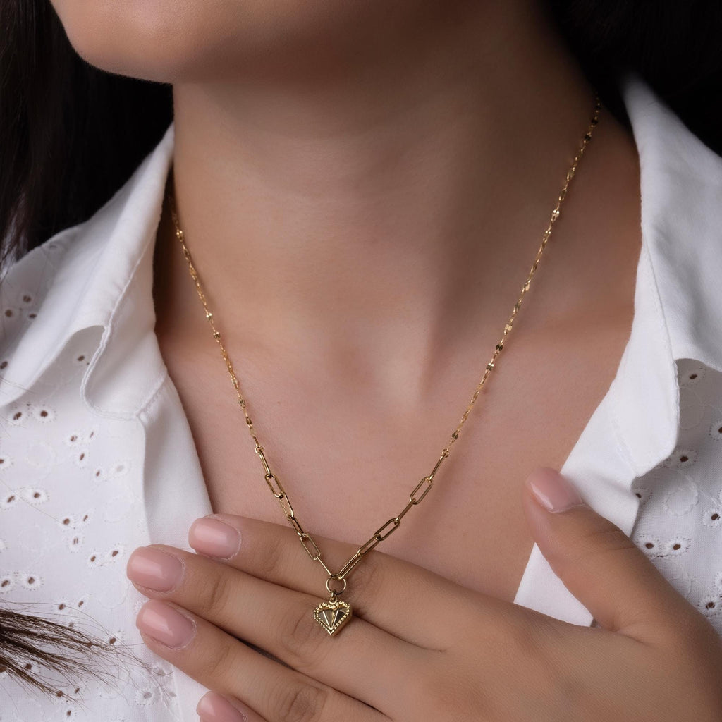 14K Solid Gold Heart Necklace - Real Gold Paperclip Chain
