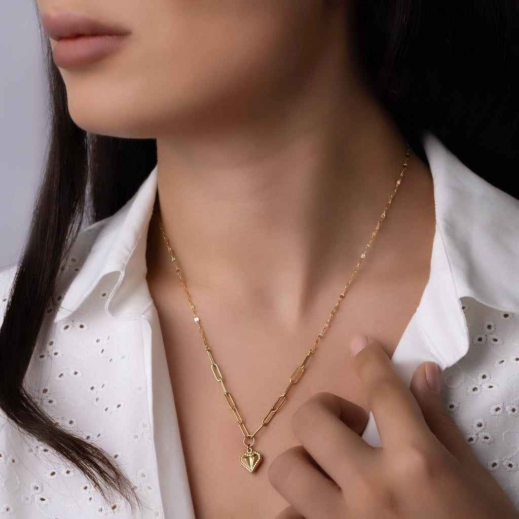 14K Solid Gold Heart Necklace - Real Gold Paperclip Chain