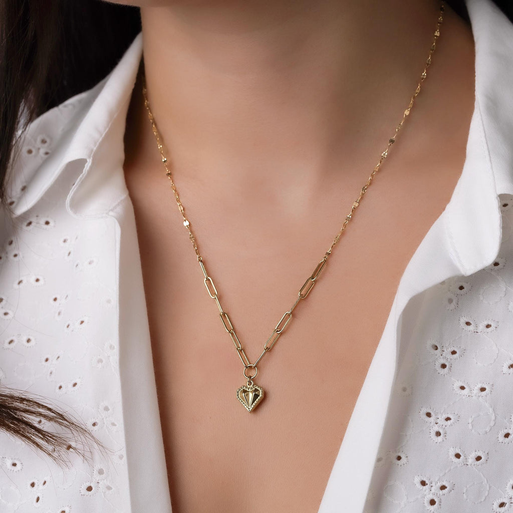 14K Solid Gold Heart Necklace - Real Gold Paperclip Chain