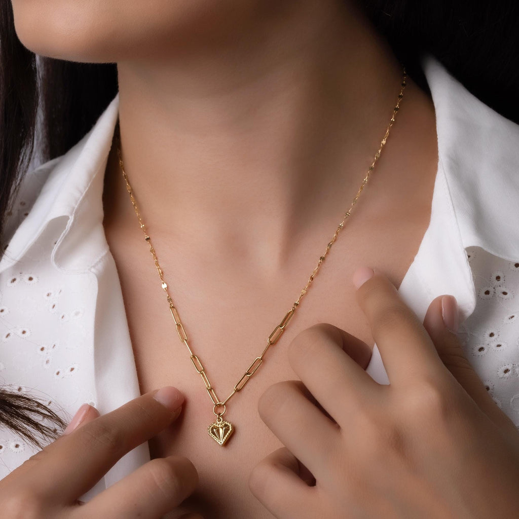 14K Solid Gold Heart Necklace - Real Gold Paperclip Chain