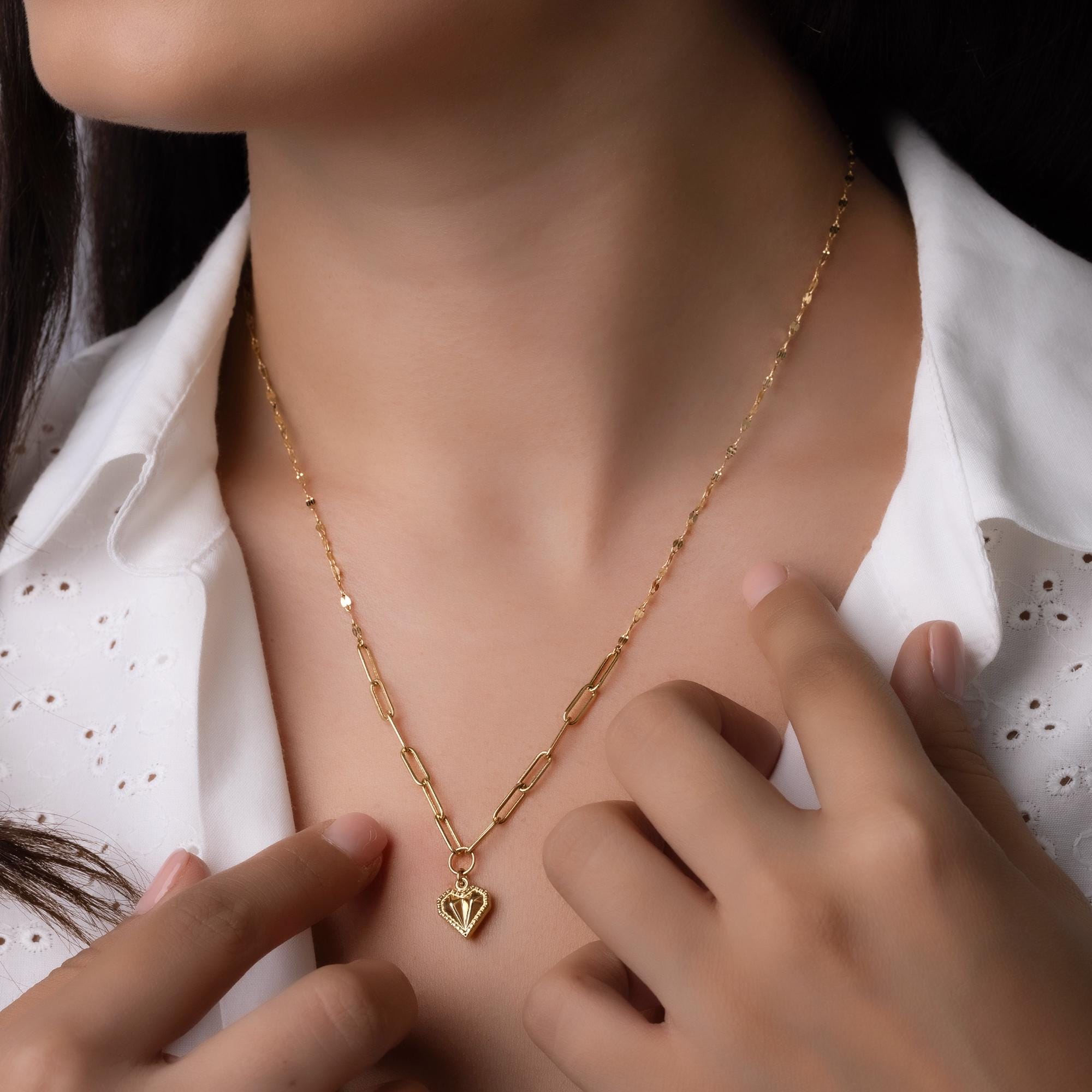 14K Solid Gold Heart Necklace - Real Gold Paperclip Chain