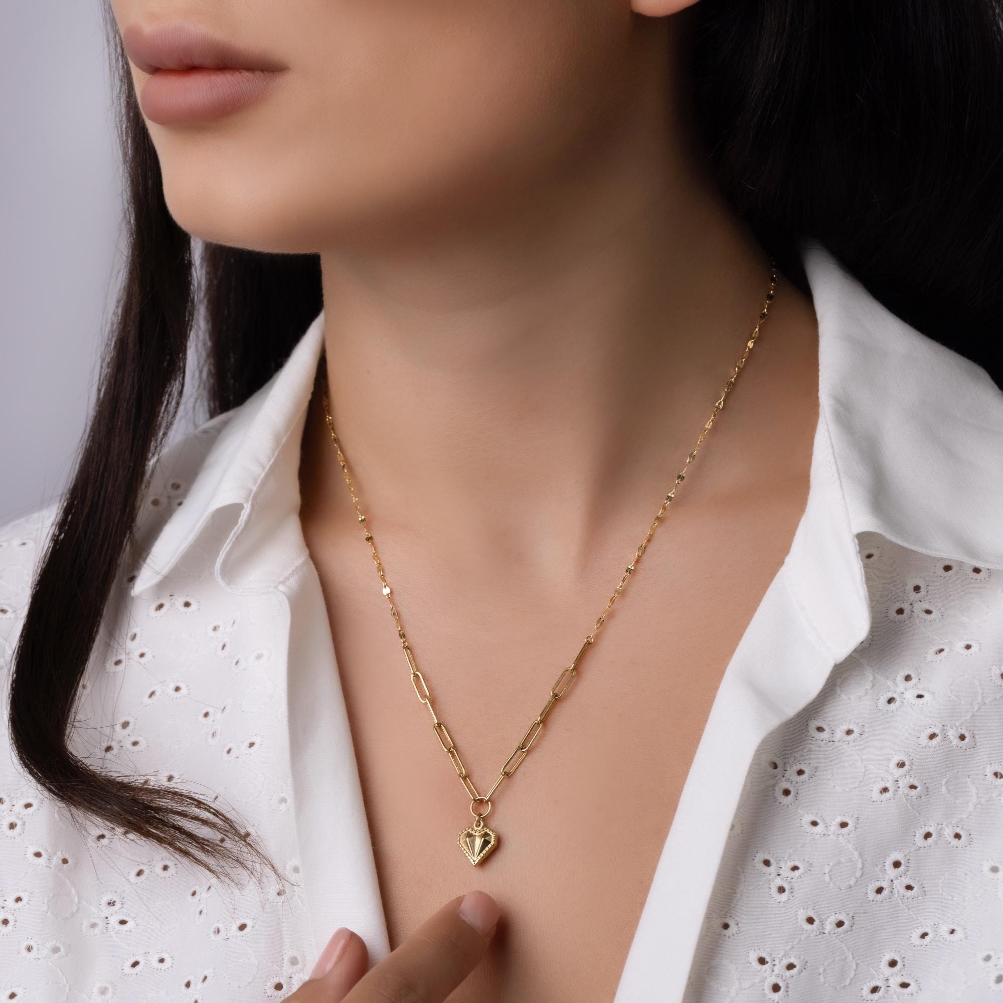 14K Solid Gold Heart Necklace - Real Gold Paperclip Chain