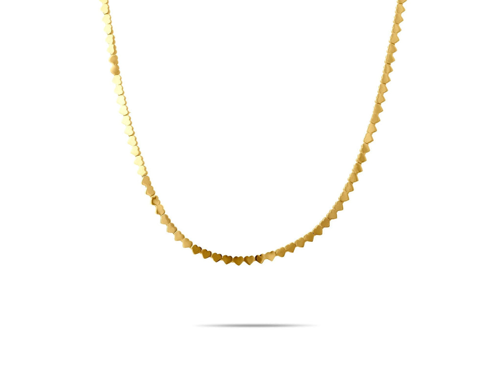 14K Solid Gold Heart Choker Necklace - Real Gold Linked Hearts Chain