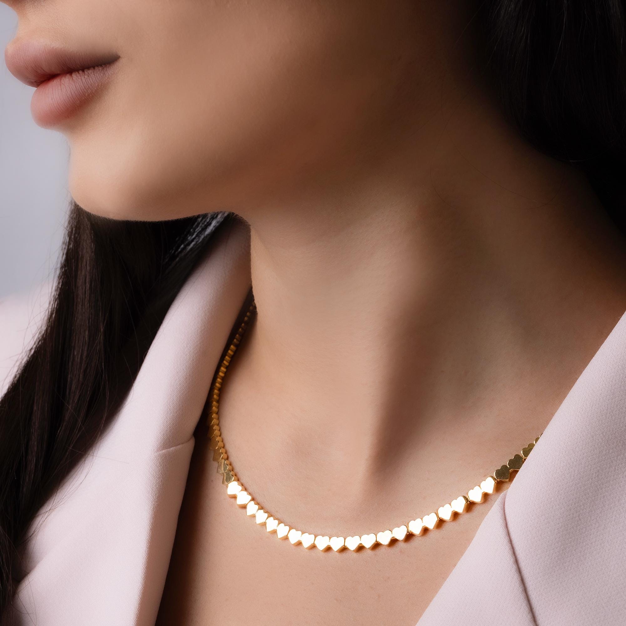 14K Solid Gold Heart Choker Necklace - Real Gold Linked Hearts Chain