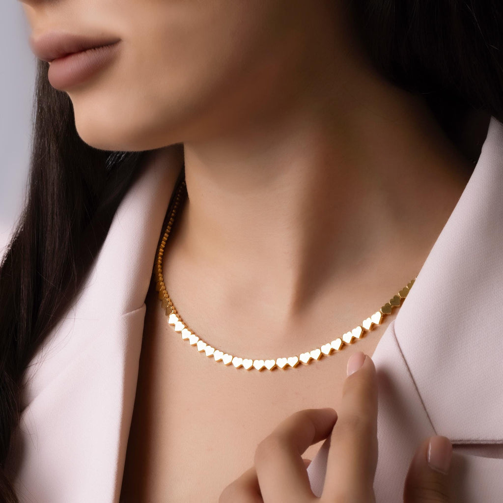 14K Solid Gold Heart Choker Necklace - Real Gold Linked Hearts Chain