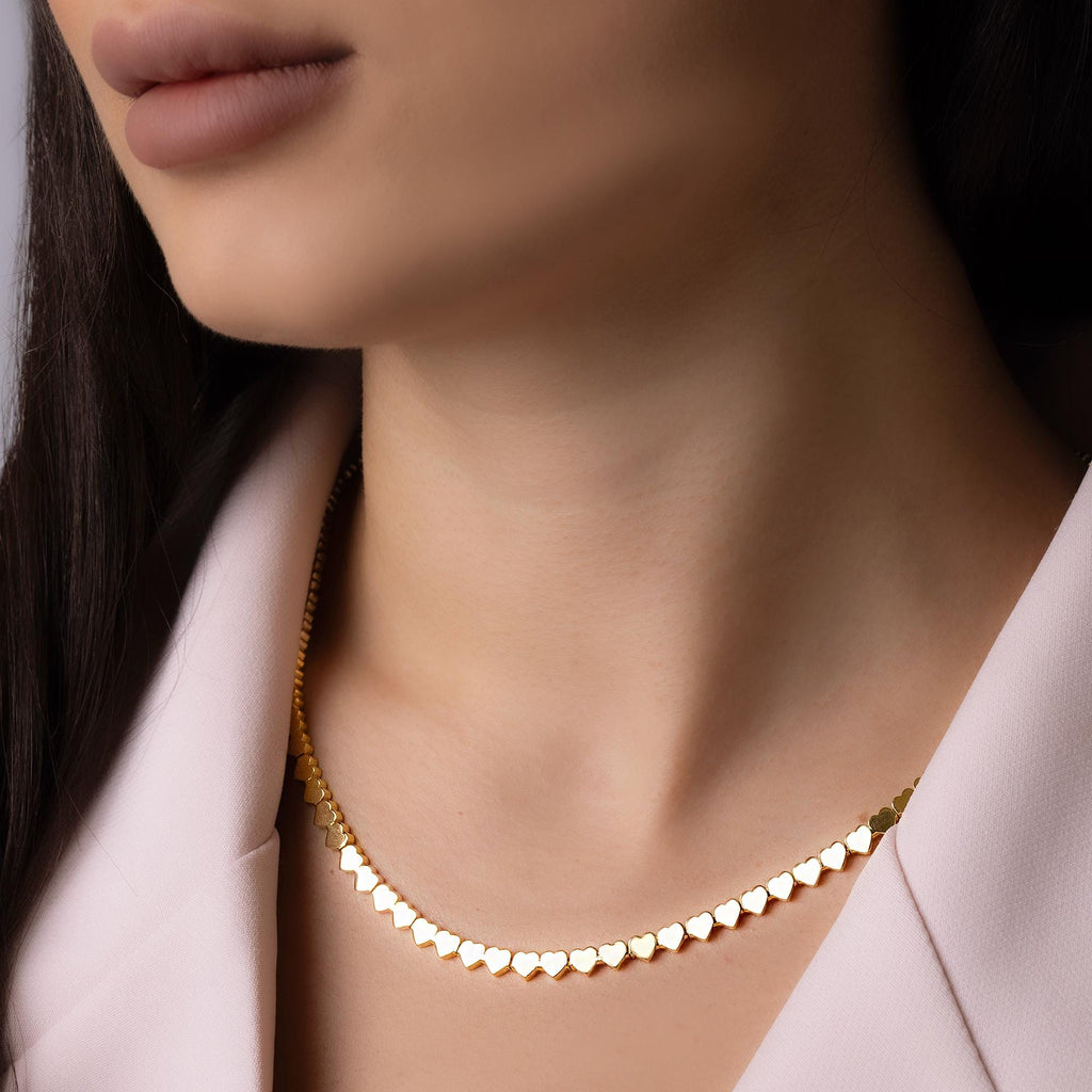 14K Solid Gold Heart Choker Necklace - Real Gold Linked Hearts Chain