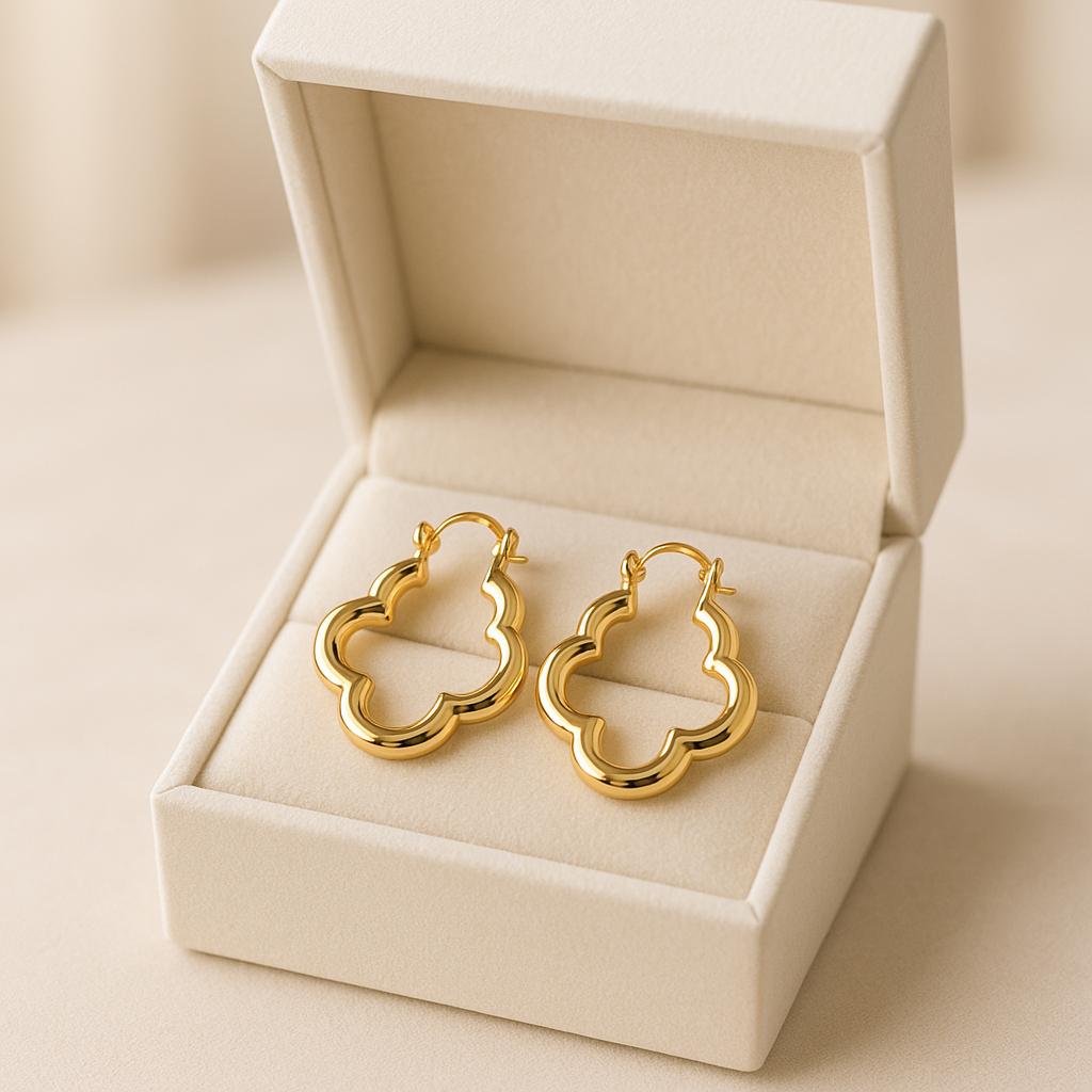 14K Solid Gold Clover Hoop Earrings - Modern Gold Flower Earrings