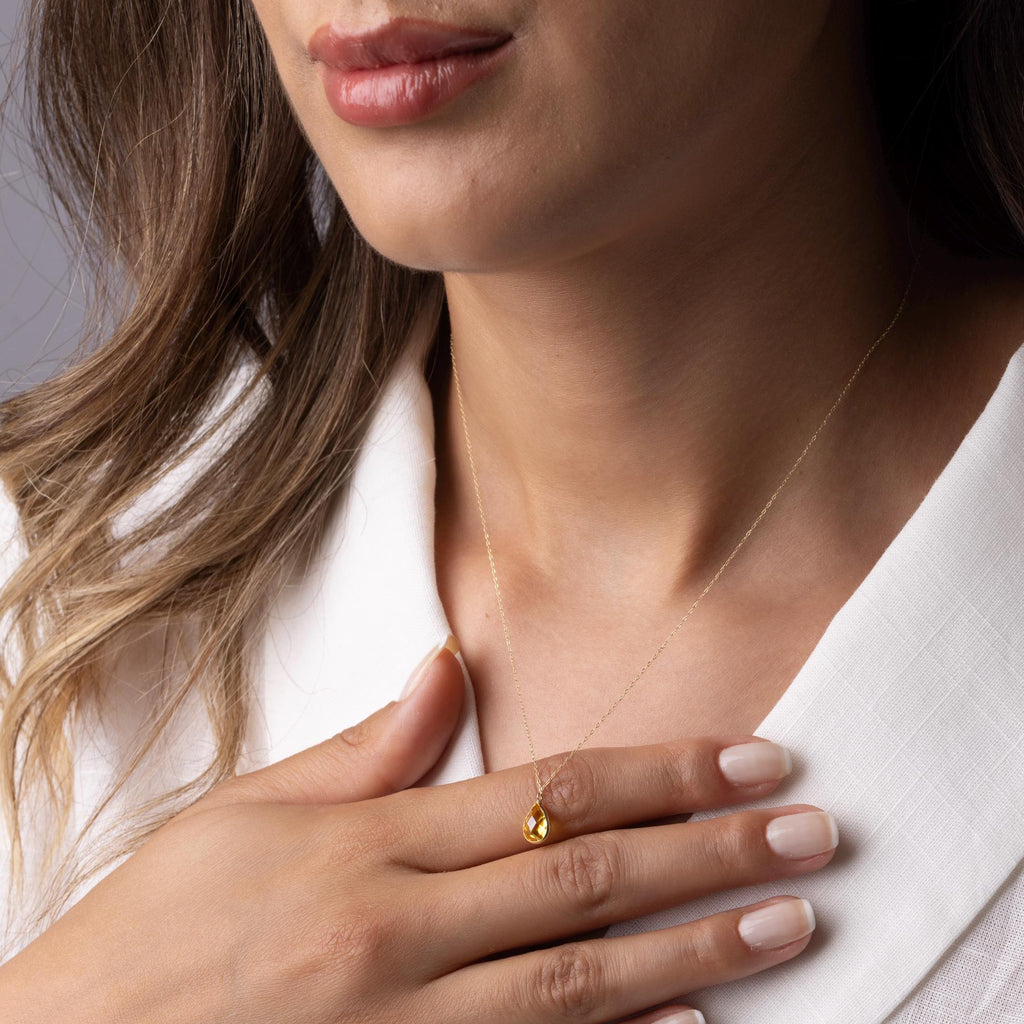 14K Solid Gold Teardrop Necklace - Dainty Yellow Gemstone Pendant