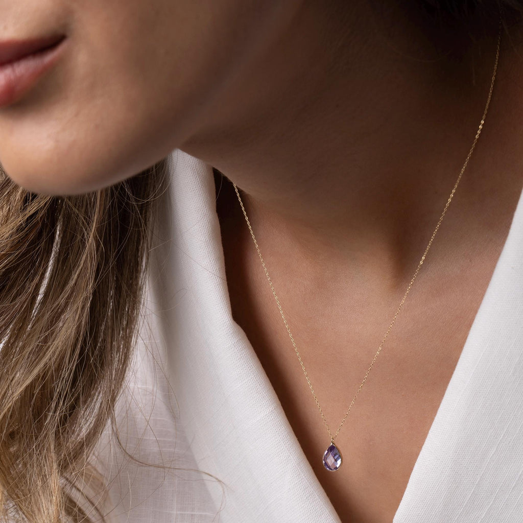 14K Solid Gold Amethyst Necklace - Dainty Purple Gemstone Pendant
