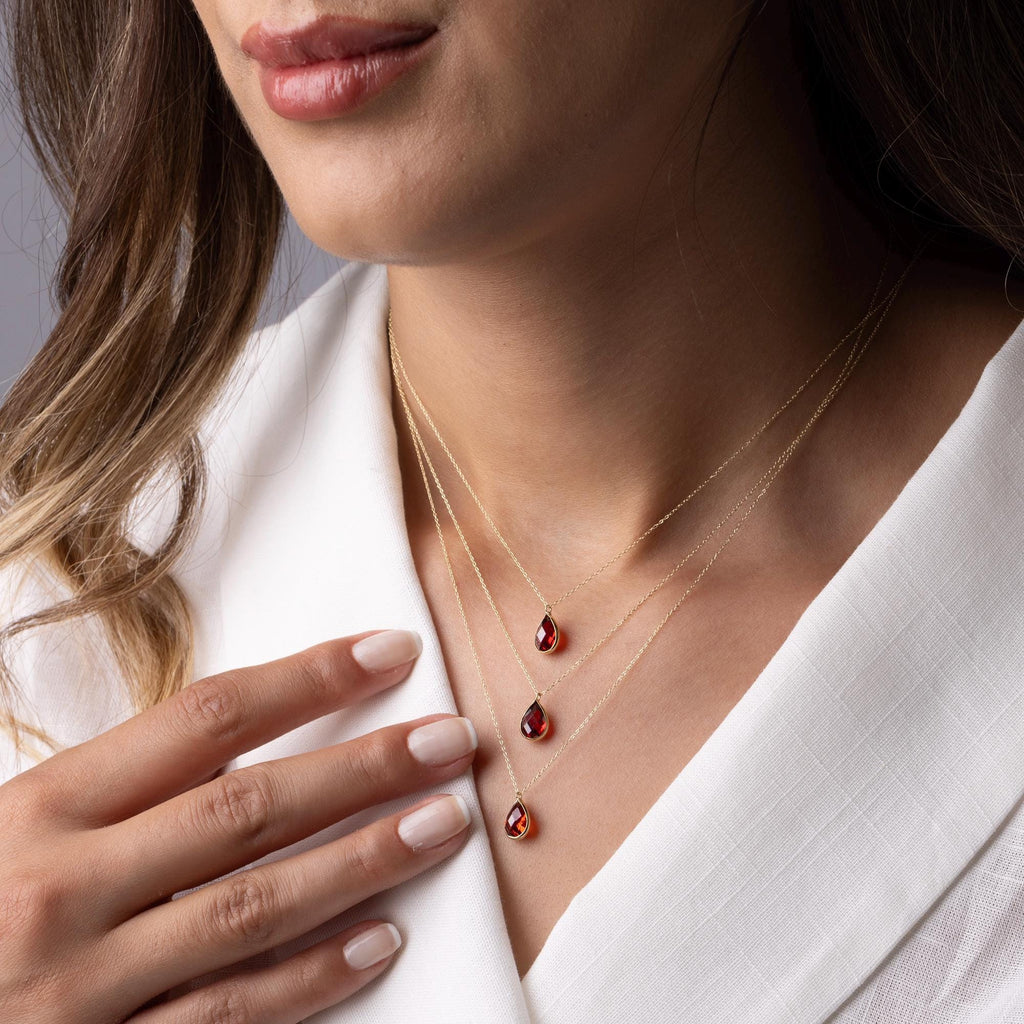 14K Solid Gold Garnet Necklace -  Dainty Red Gemstone Pendant