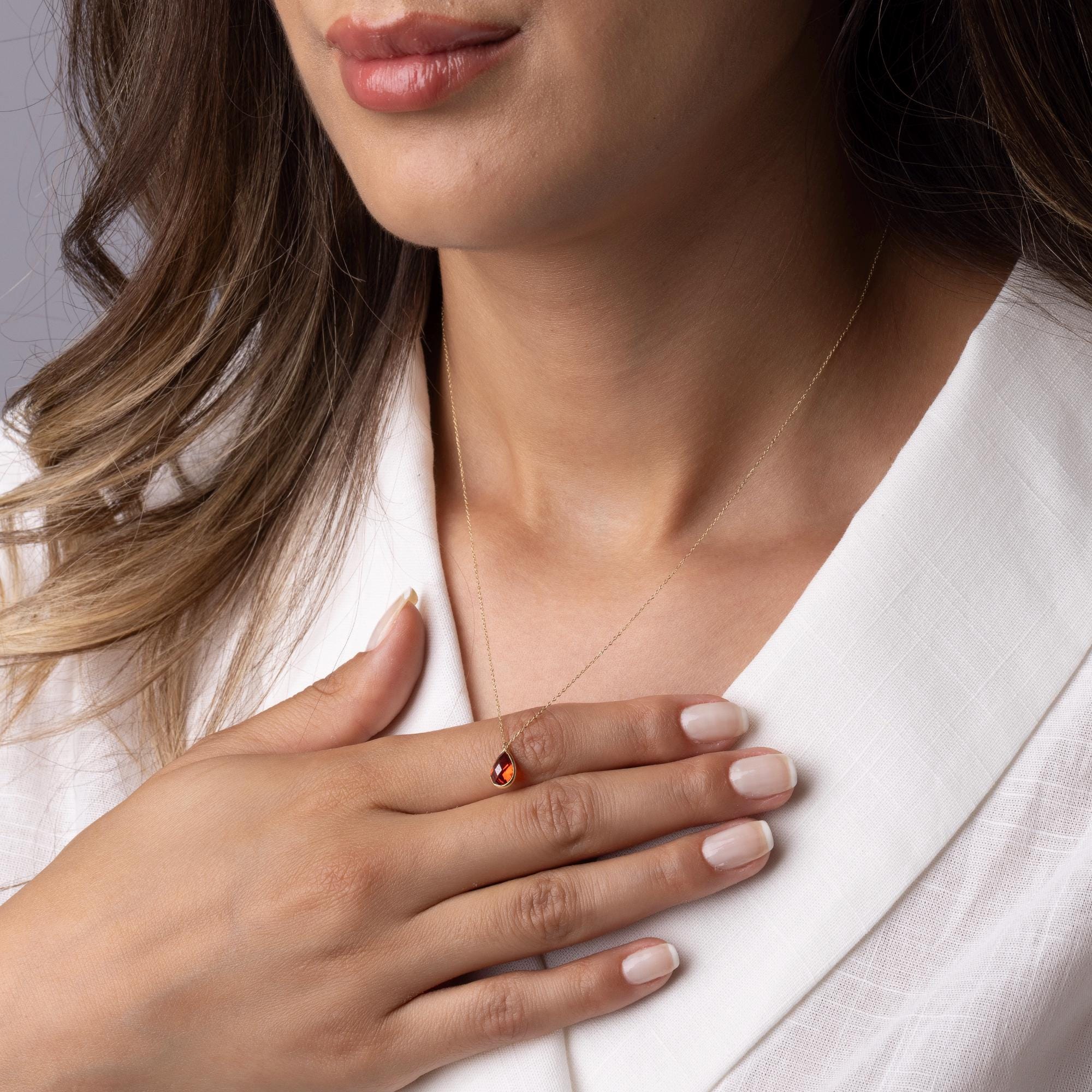 14K Solid Gold Garnet Necklace -  Dainty Red Gemstone Pendant