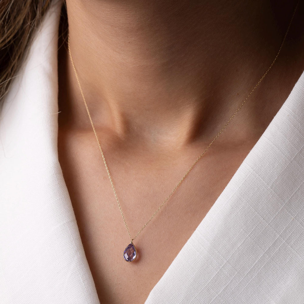 14K Solid Gold Purple Amethyst Necklace - Dainty Gemstone Jewelry