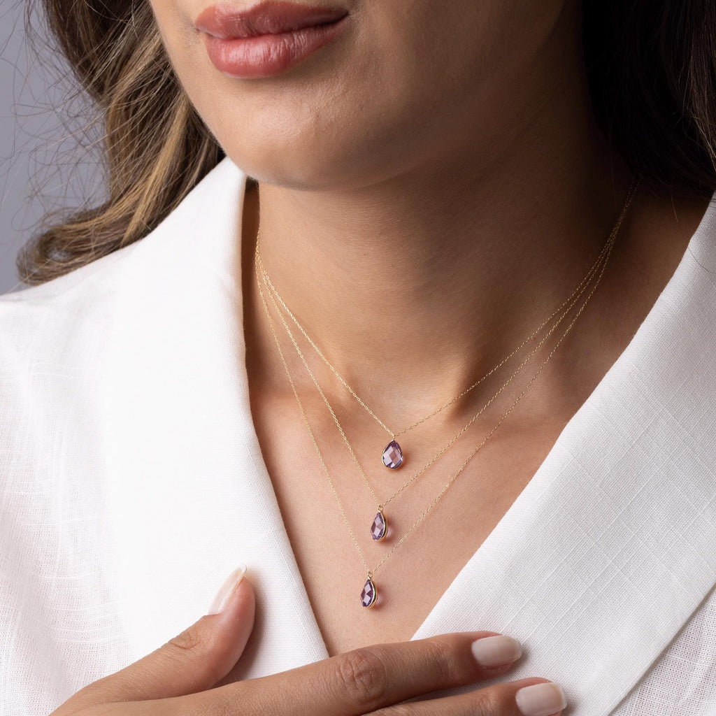 14K Solid Gold Purple Amethyst Necklace - Dainty Gemstone Jewelry