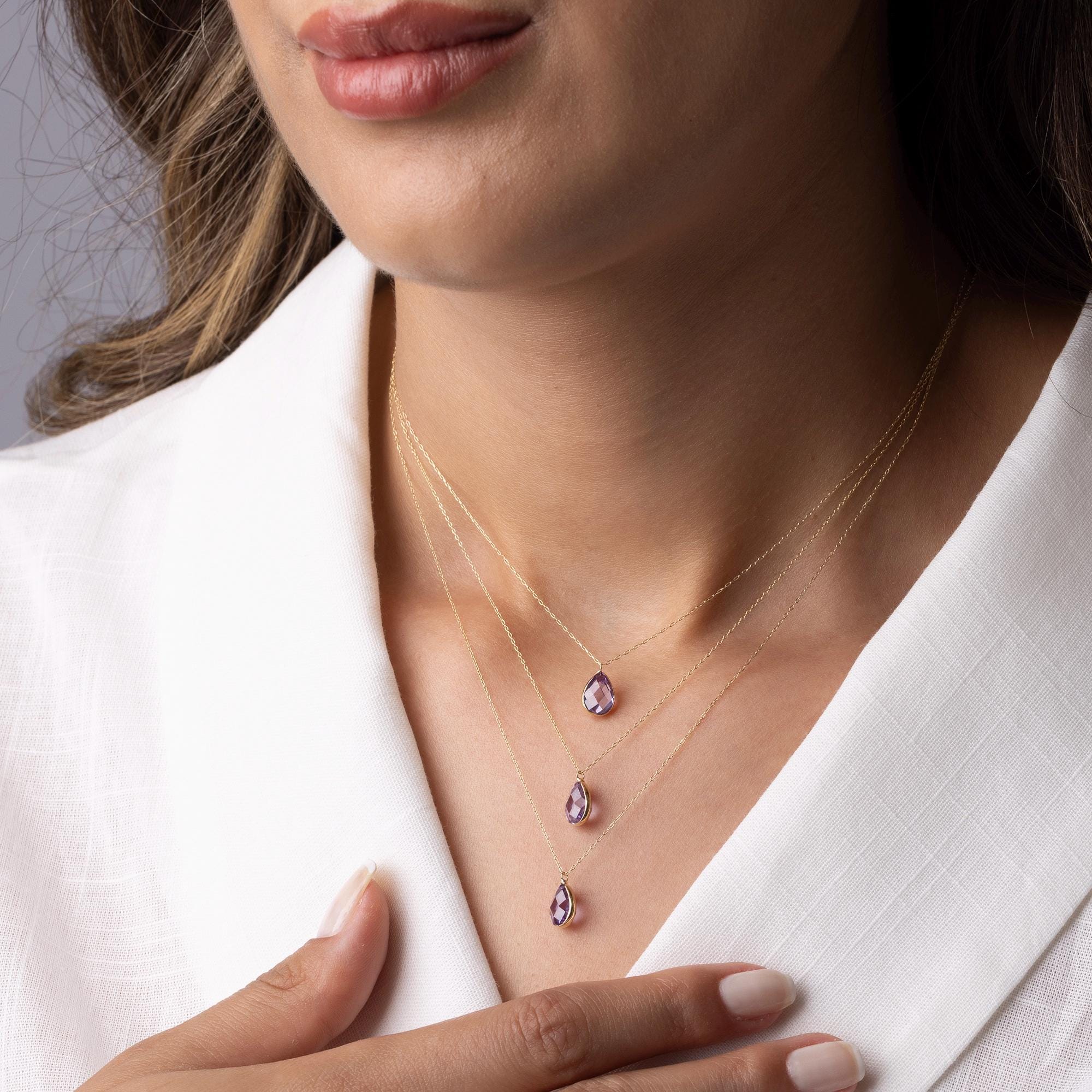 14K Solid Gold Purple Amethyst Necklace - Dainty Gemstone Jewelry