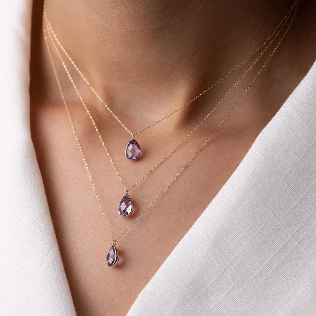 14K Solid Gold Purple Amethyst Necklace - Dainty Gemstone Jewelry