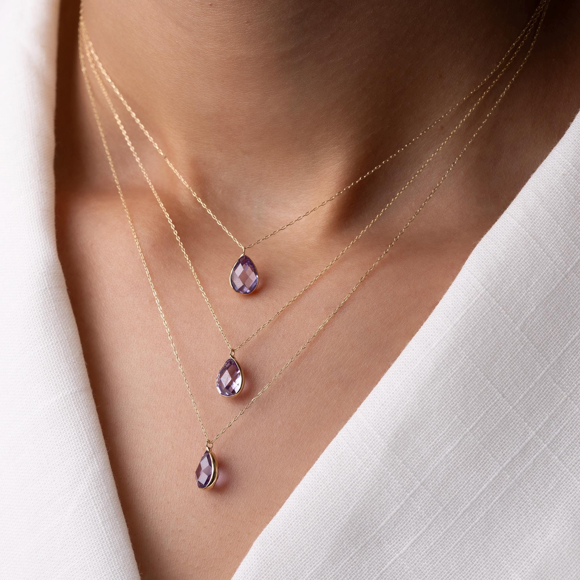 14K Solid Gold Purple Amethyst Necklace - Dainty Gemstone Jewelry