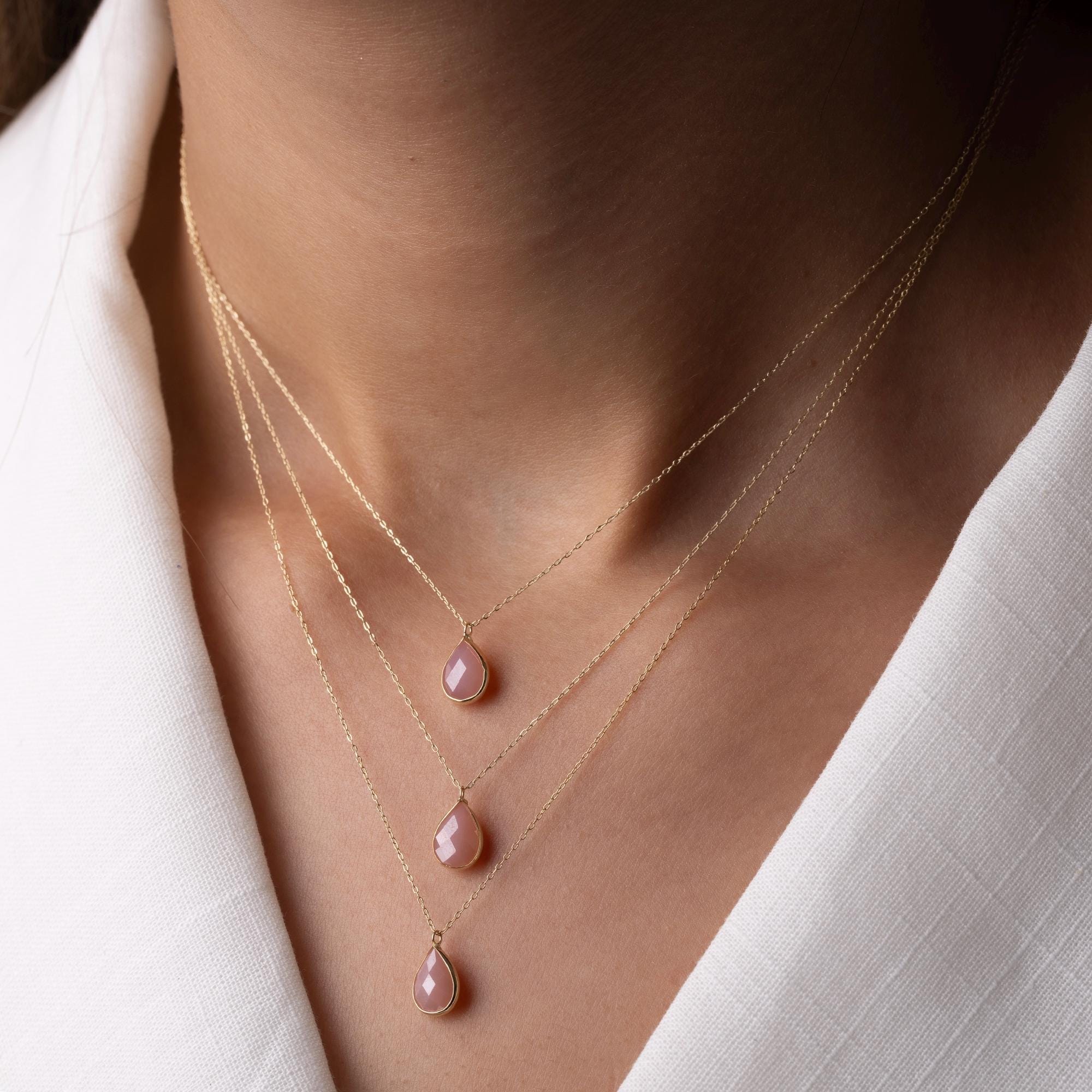 14K Solid Gold Pink Gemstone Necklace - Dainty Teardrop Pendant