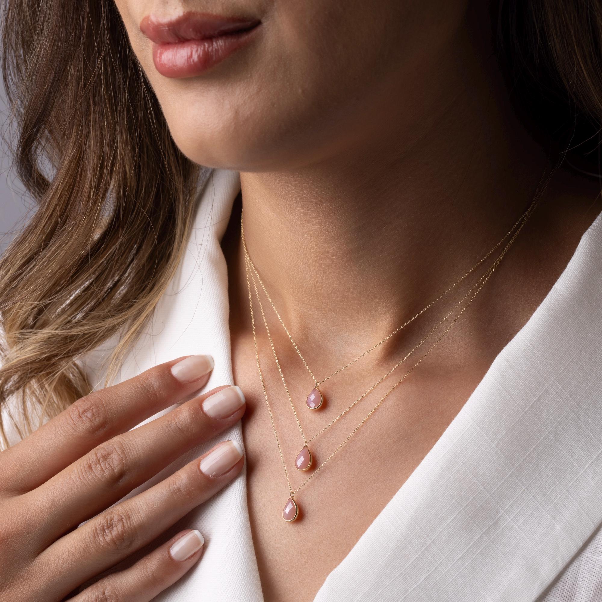 14K Solid Gold Pink Gemstone Necklace - Dainty Teardrop Pendant
