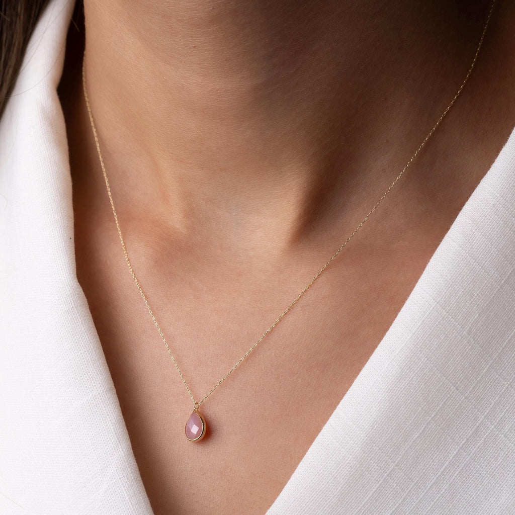 14K Solid Gold Pink Gemstone Necklace - Dainty Teardrop Pendant