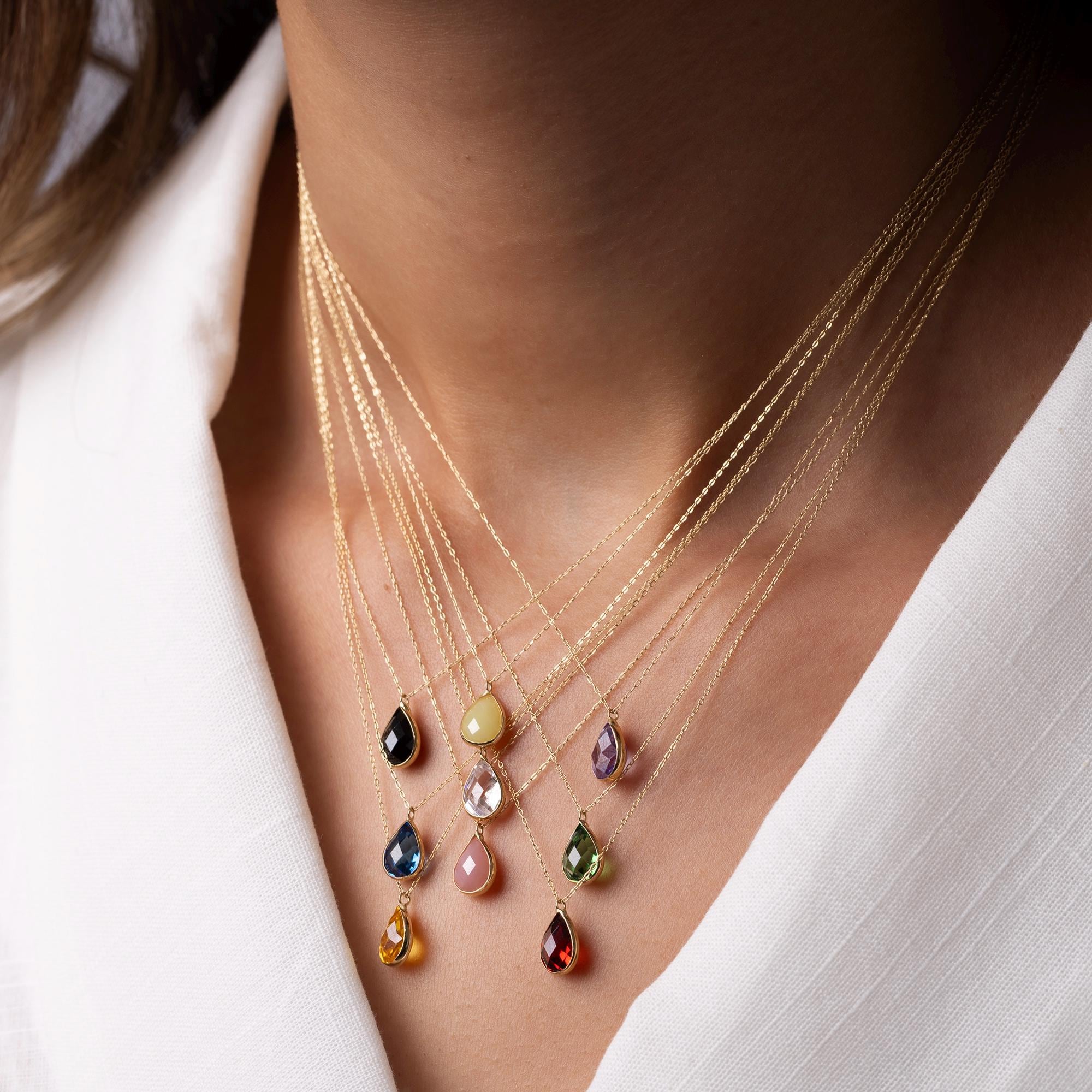 14K Solid Gold Pink Gemstone Necklace - Dainty Teardrop Pendant