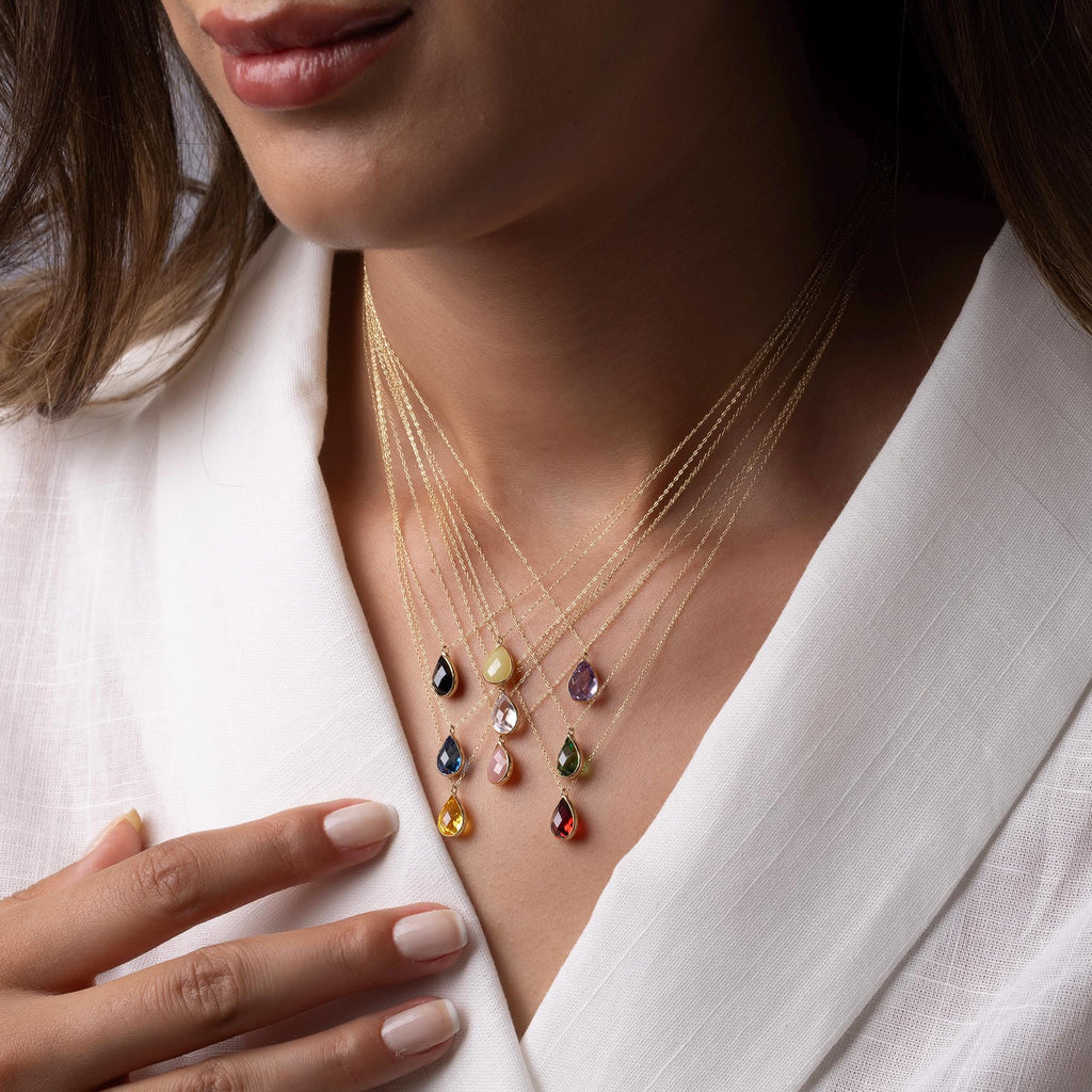 14K Solid Gold Pink Gemstone Necklace - Dainty Teardrop Pendant