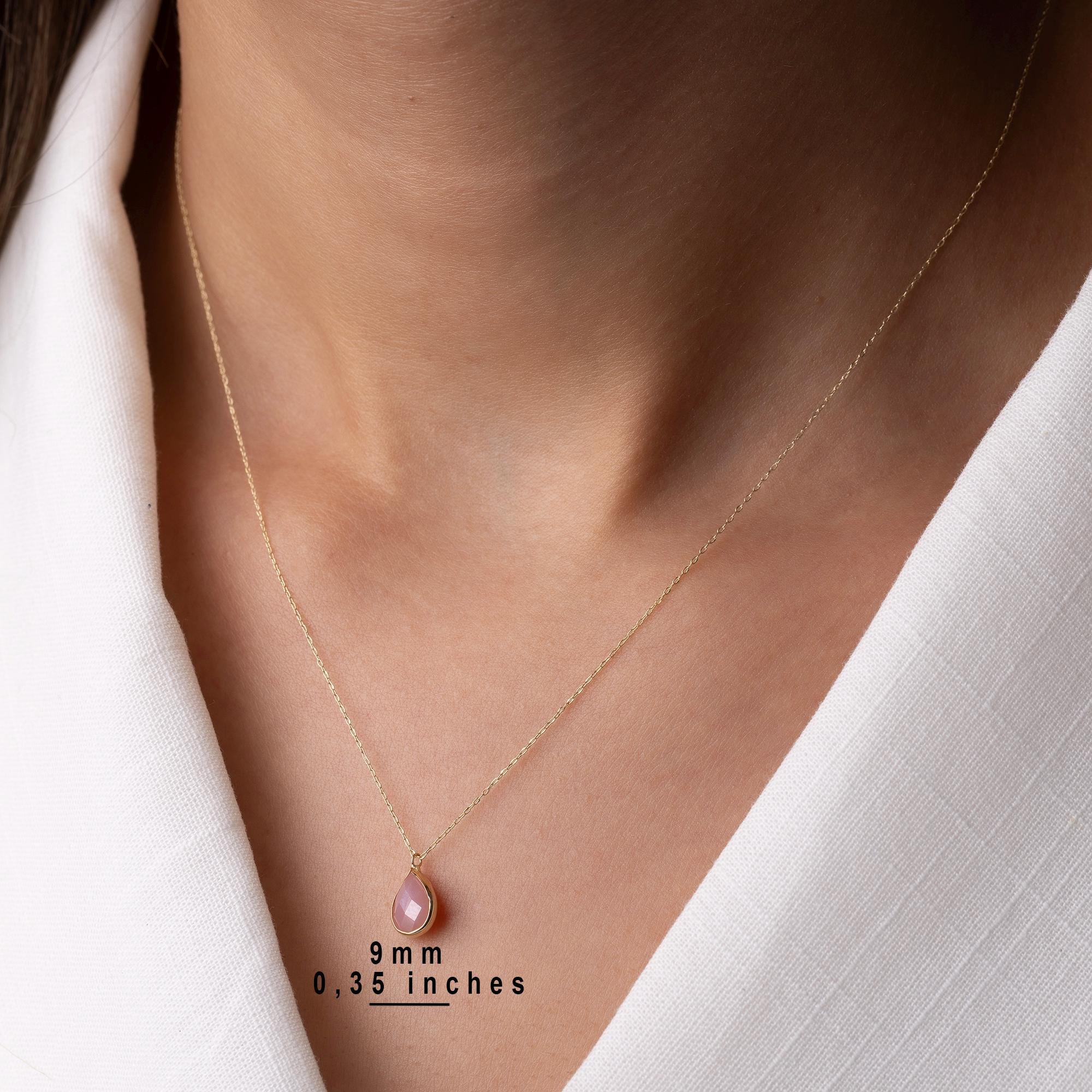 14K Solid Gold Pink Gemstone Necklace - Dainty Teardrop Pendant