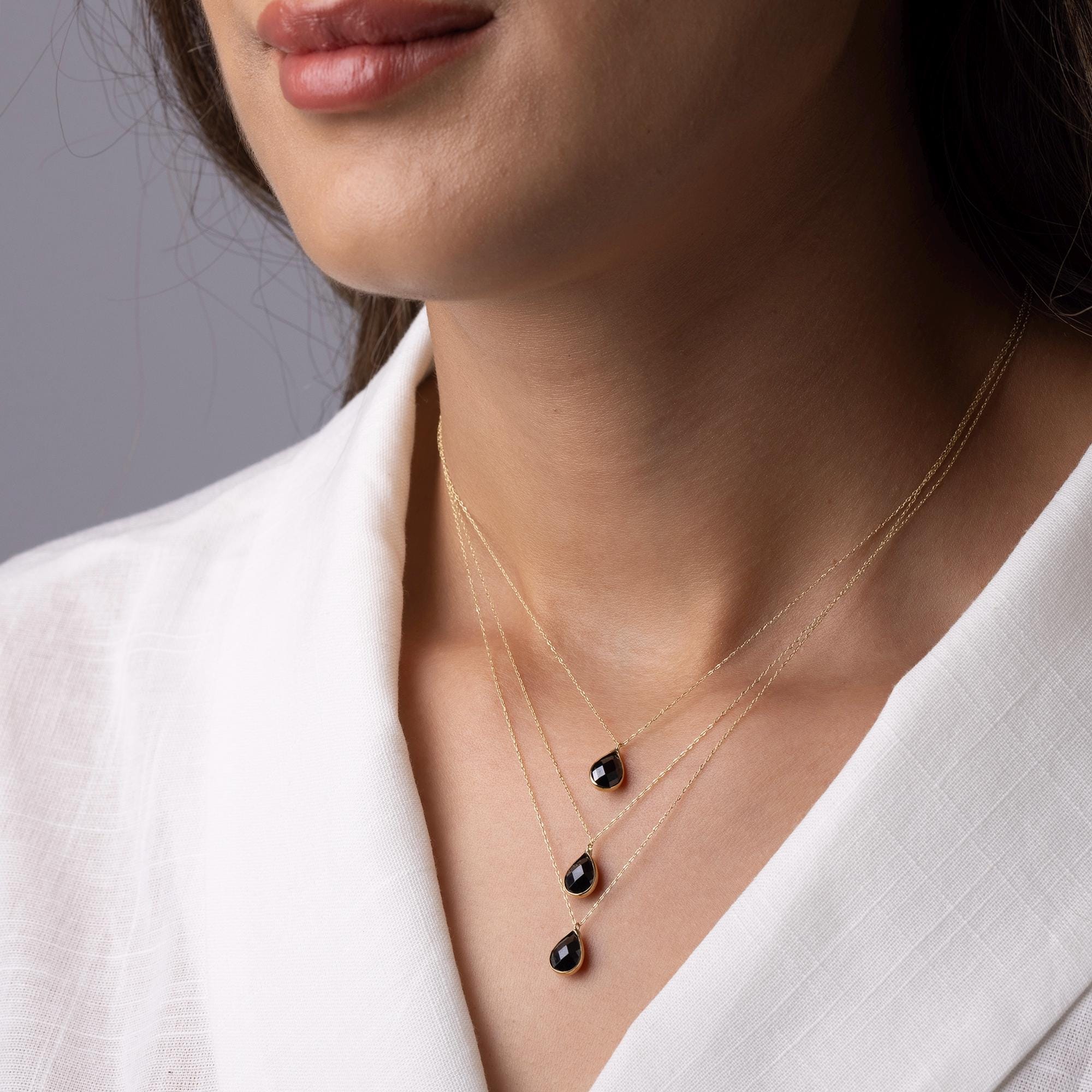 14K Solid Gold Black Onyx Necklace - Dainty Teardrop Pendant