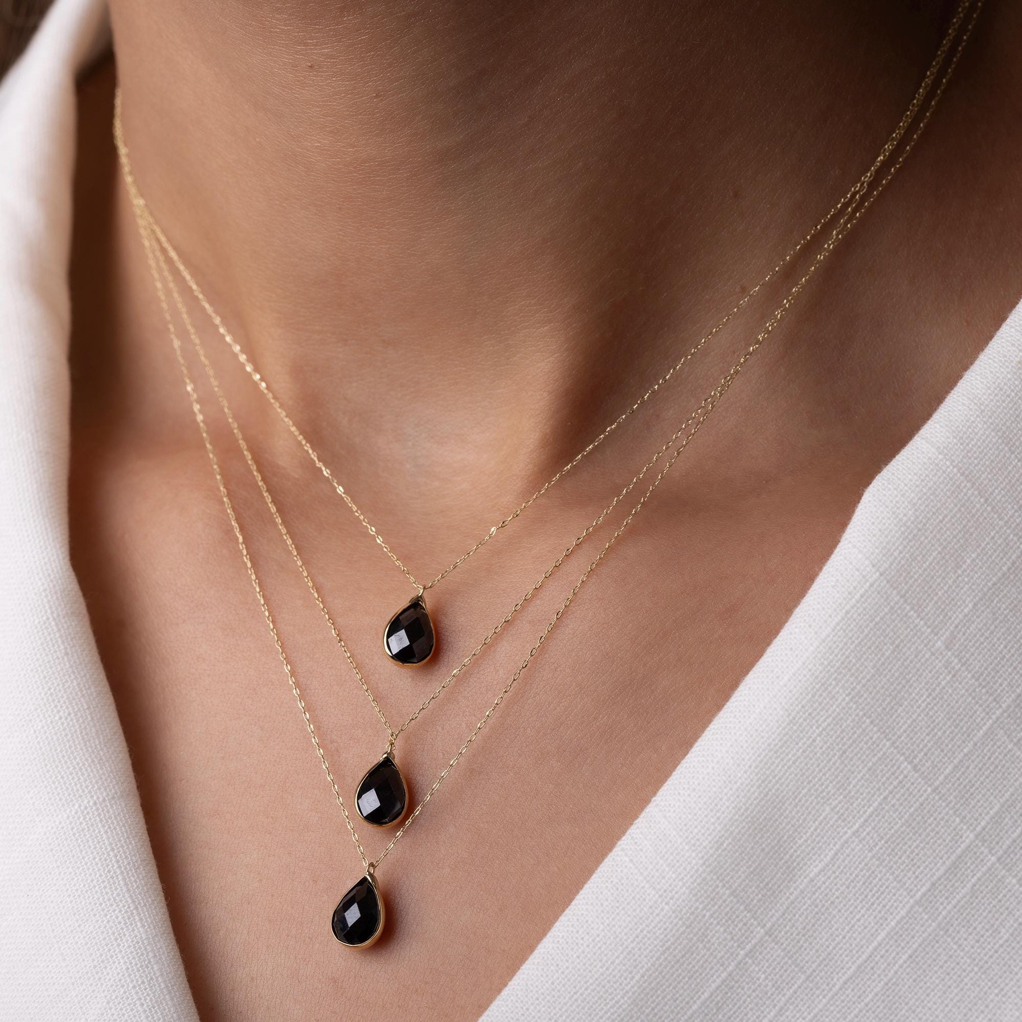 14K Solid Gold Black Onyx Necklace - Dainty Teardrop Pendant