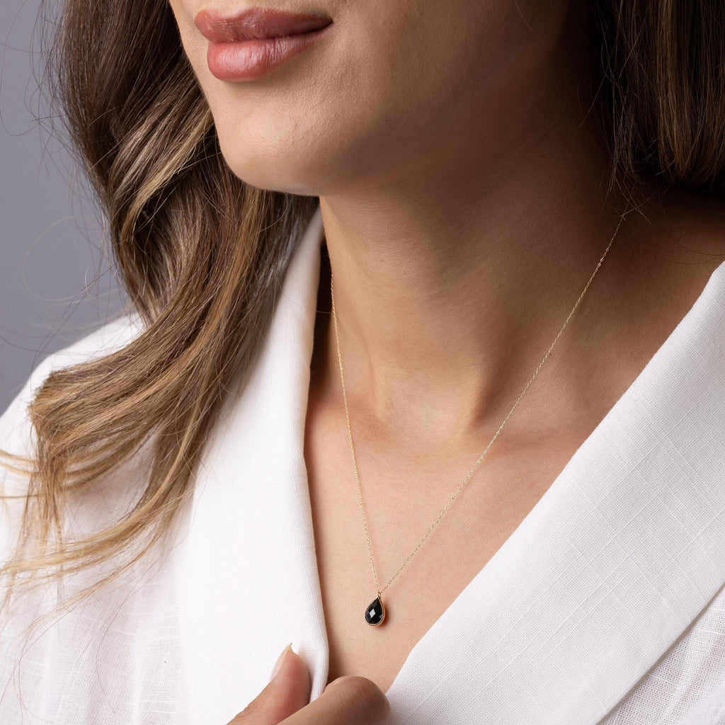 14K Solid Gold Black Onyx Necklace - Dainty Teardrop Pendant