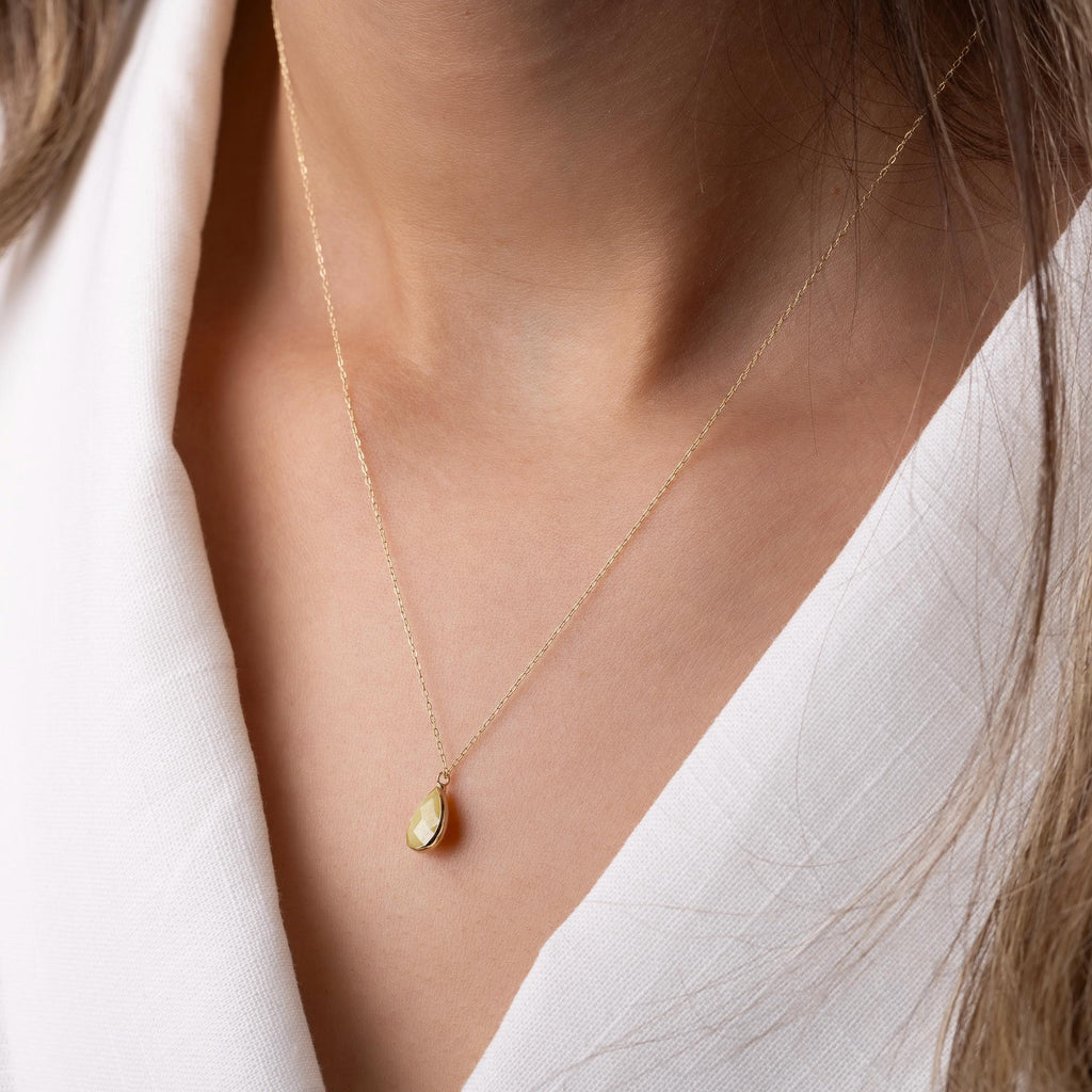 14K Solid Gold Yellow Gemstone Necklace - Dainty Teardrop Pendant