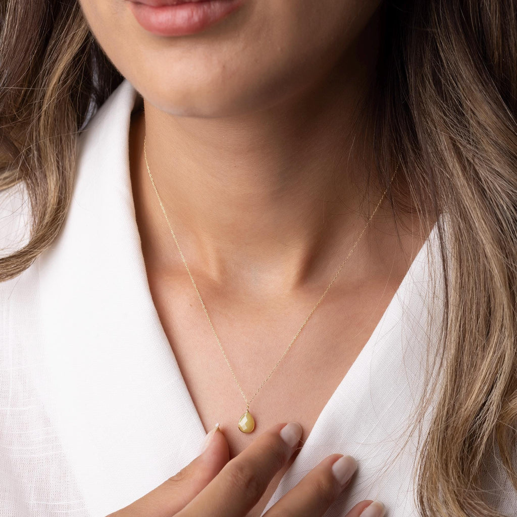 14K Solid Gold Yellow Gemstone Necklace - Dainty Teardrop Pendant