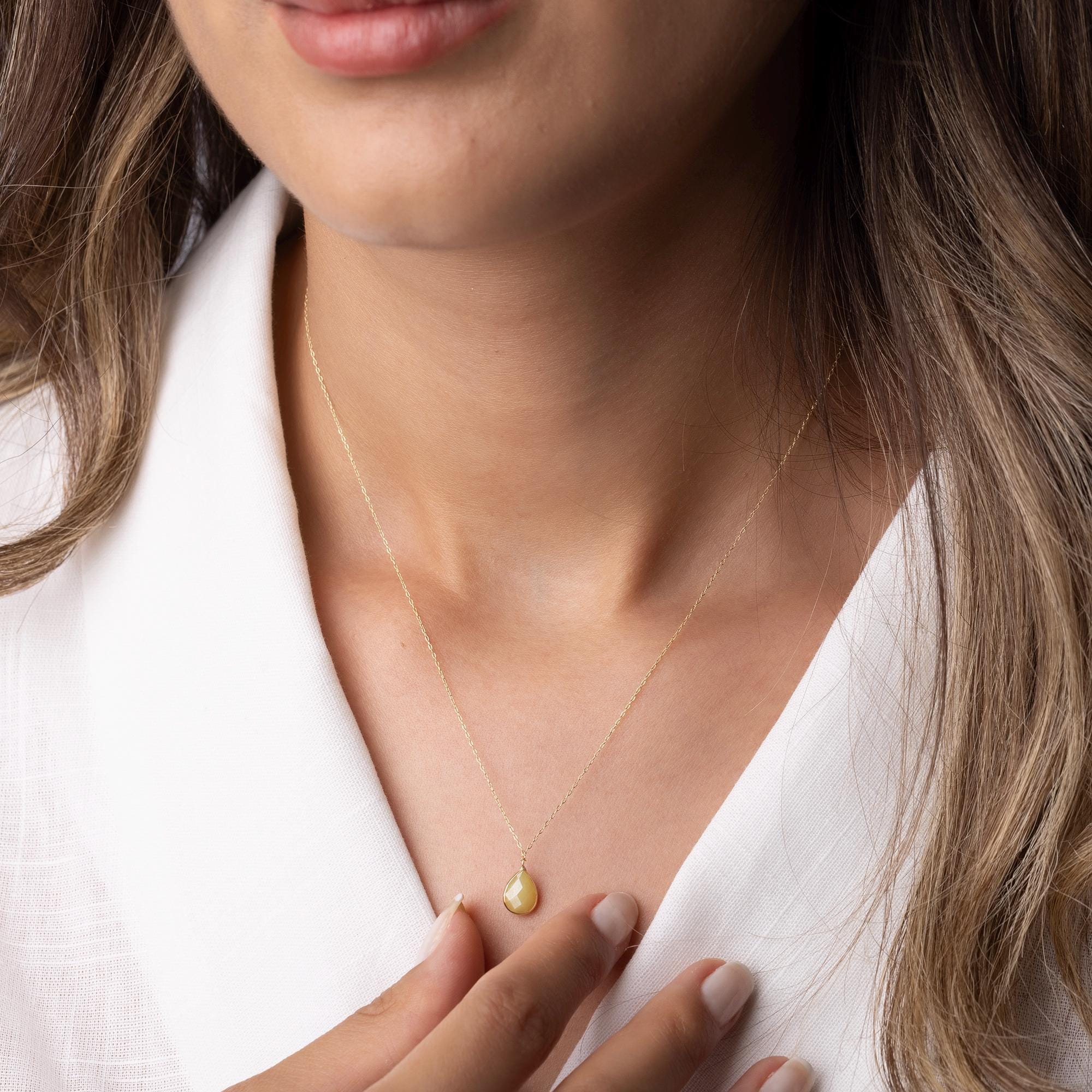 14K Solid Gold Yellow Gemstone Necklace - Dainty Teardrop Pendant