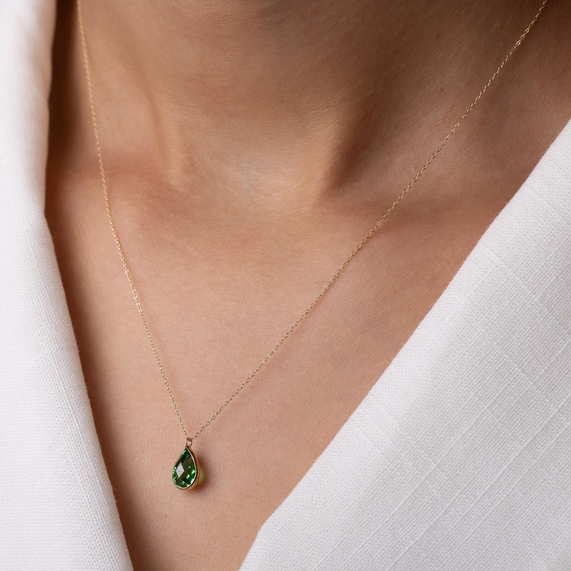 14K Solid Gold Green Gemstone Necklace - Dainty Teardrop Pendant