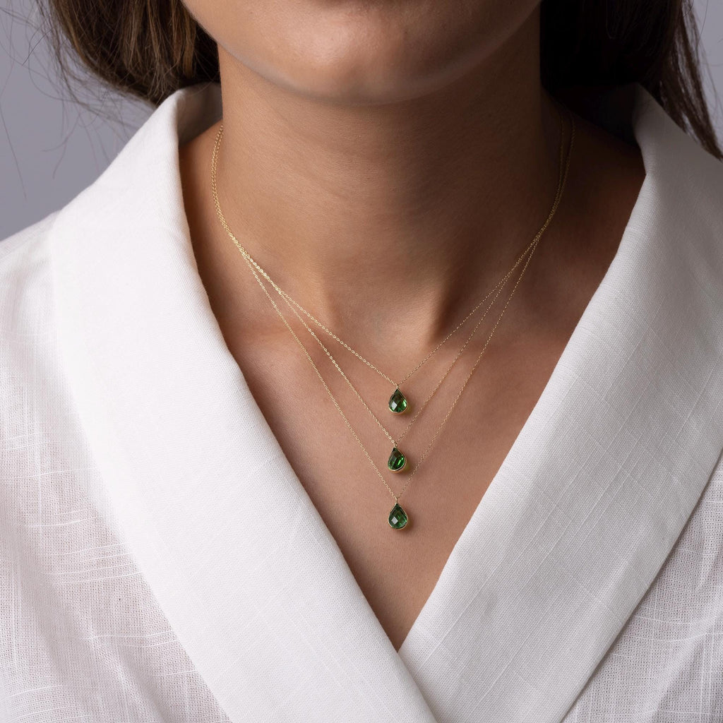 14K Solid Gold Green Gemstone Necklace - Dainty Teardrop Pendant