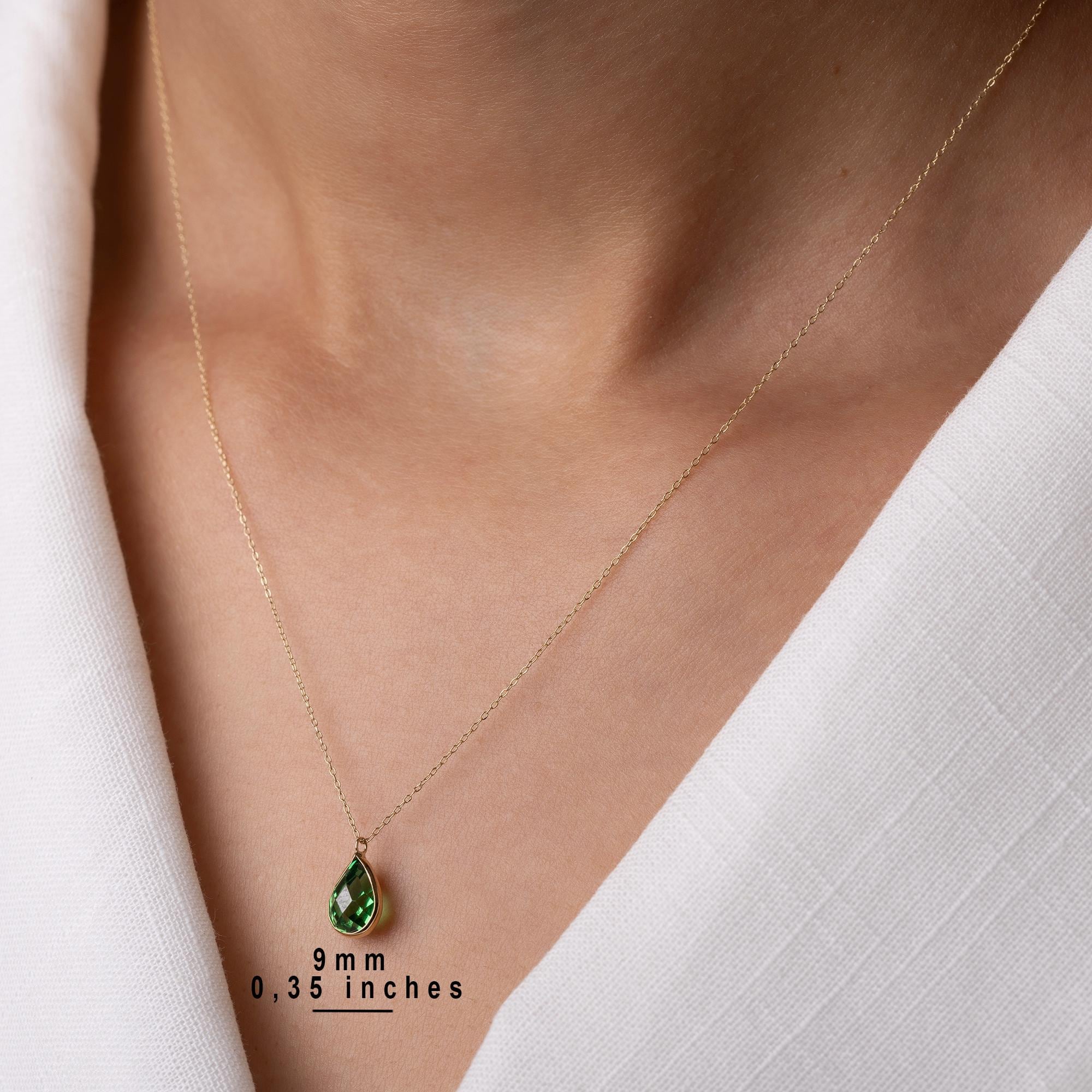 14K Solid Gold Green Gemstone Necklace - Dainty Teardrop Pendant