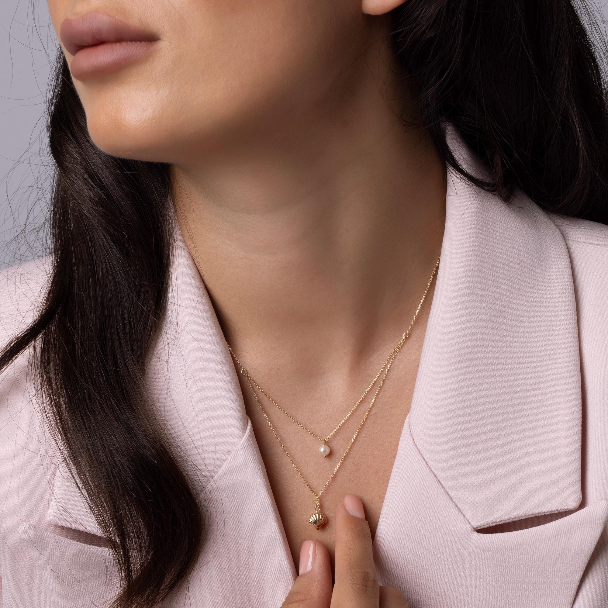 14K Solid Gold Layered Necklace with Pearl and Shell Pendant - Dainty Double Chain Necklace