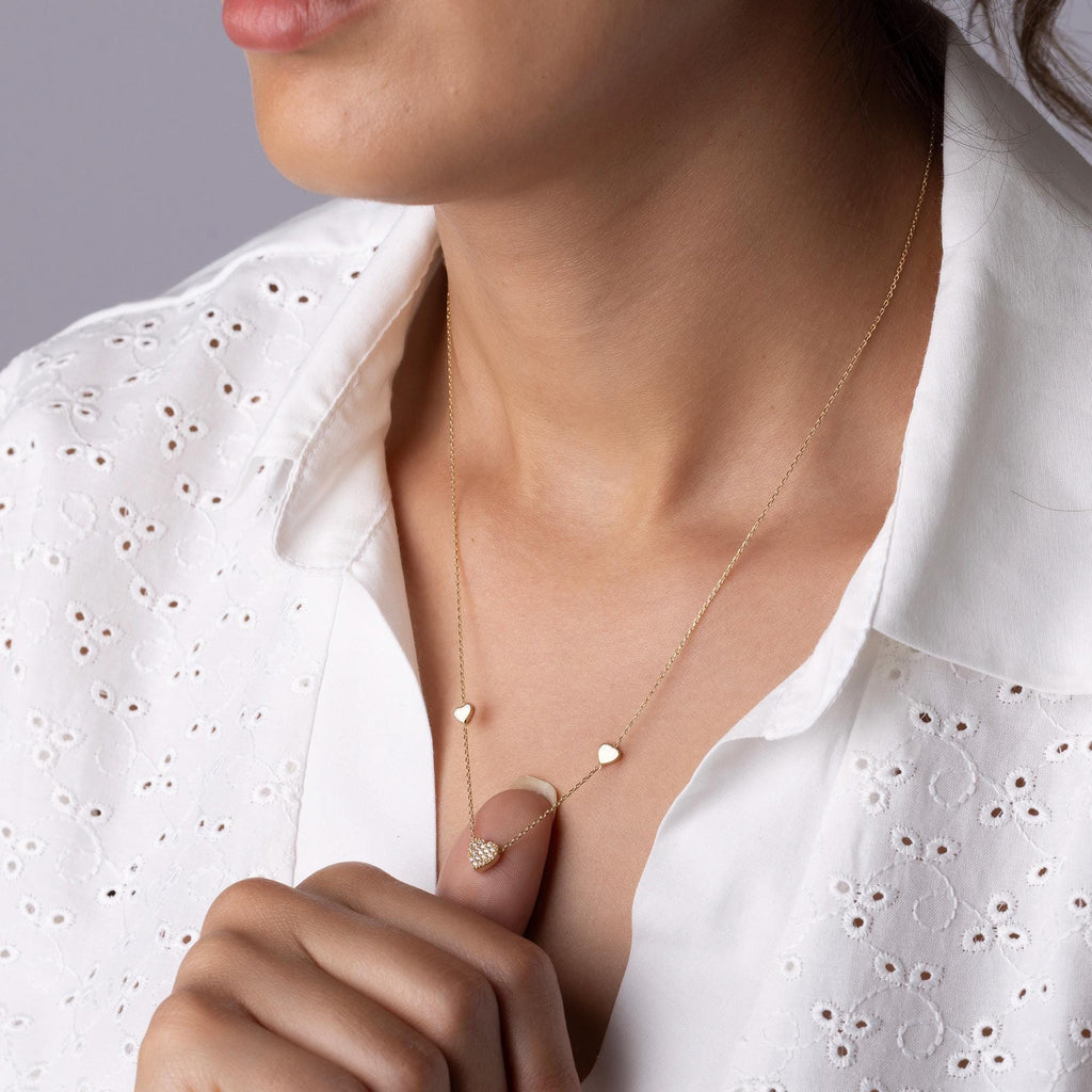 14K Solid Gold Triple Heart Necklace - Real Gold Diamond Heart Pendant