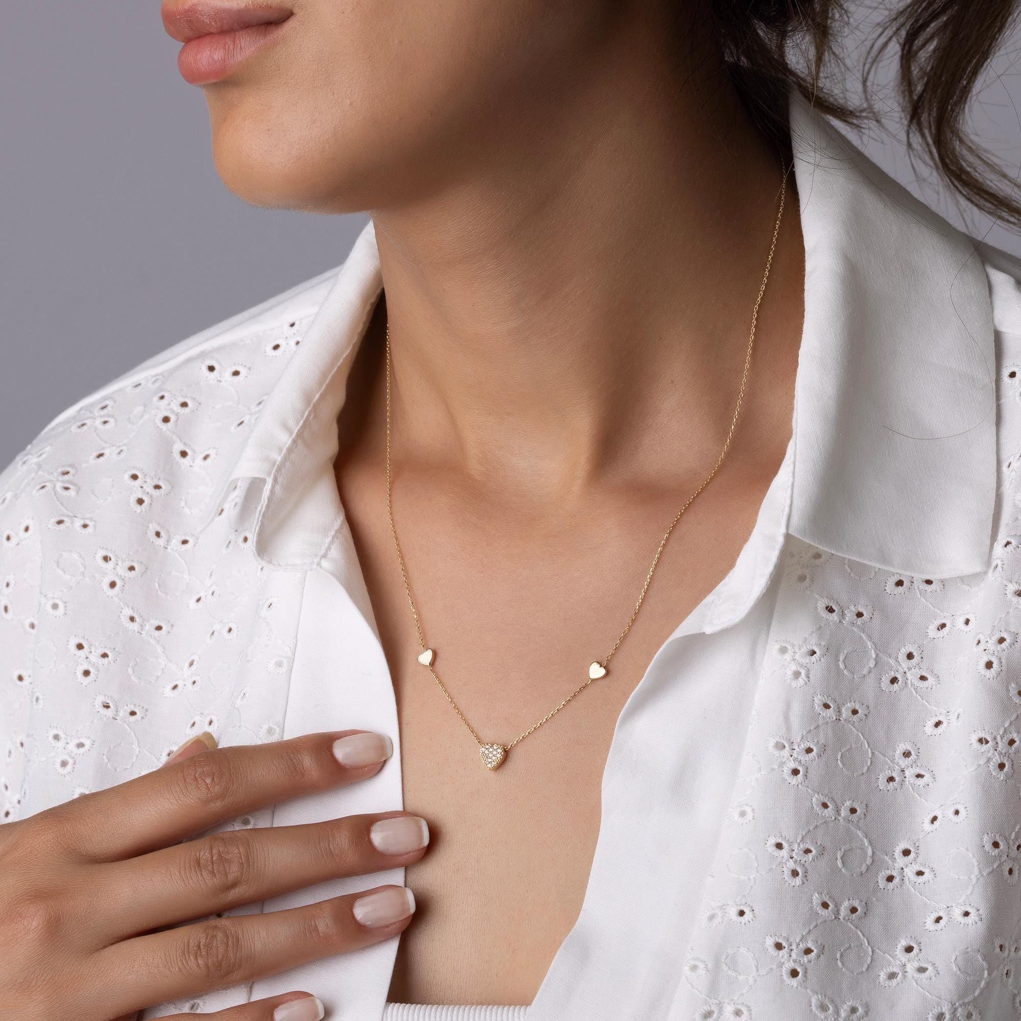 14K Solid Gold Triple Heart Necklace - Real Gold Diamond Heart Pendant