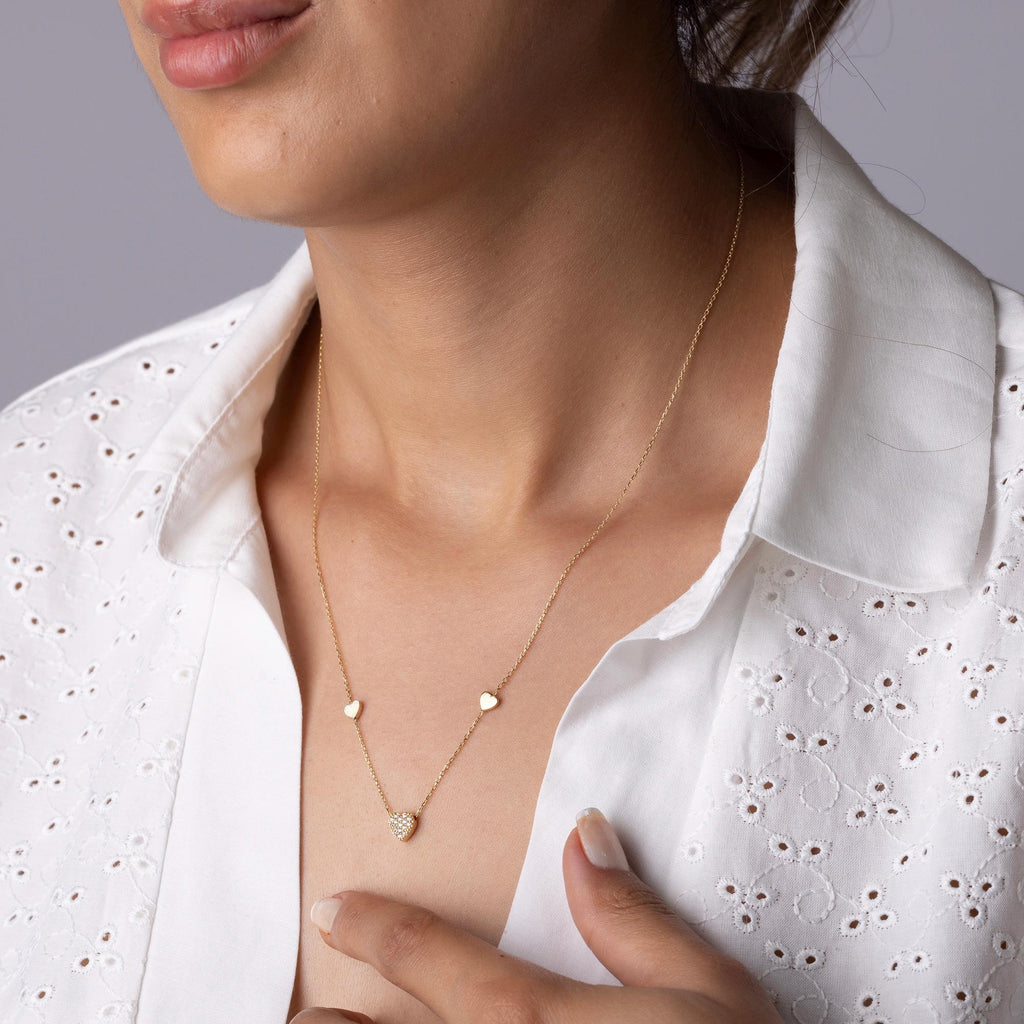 14K Solid Gold Triple Heart Necklace - Real Gold Diamond Heart Pendant