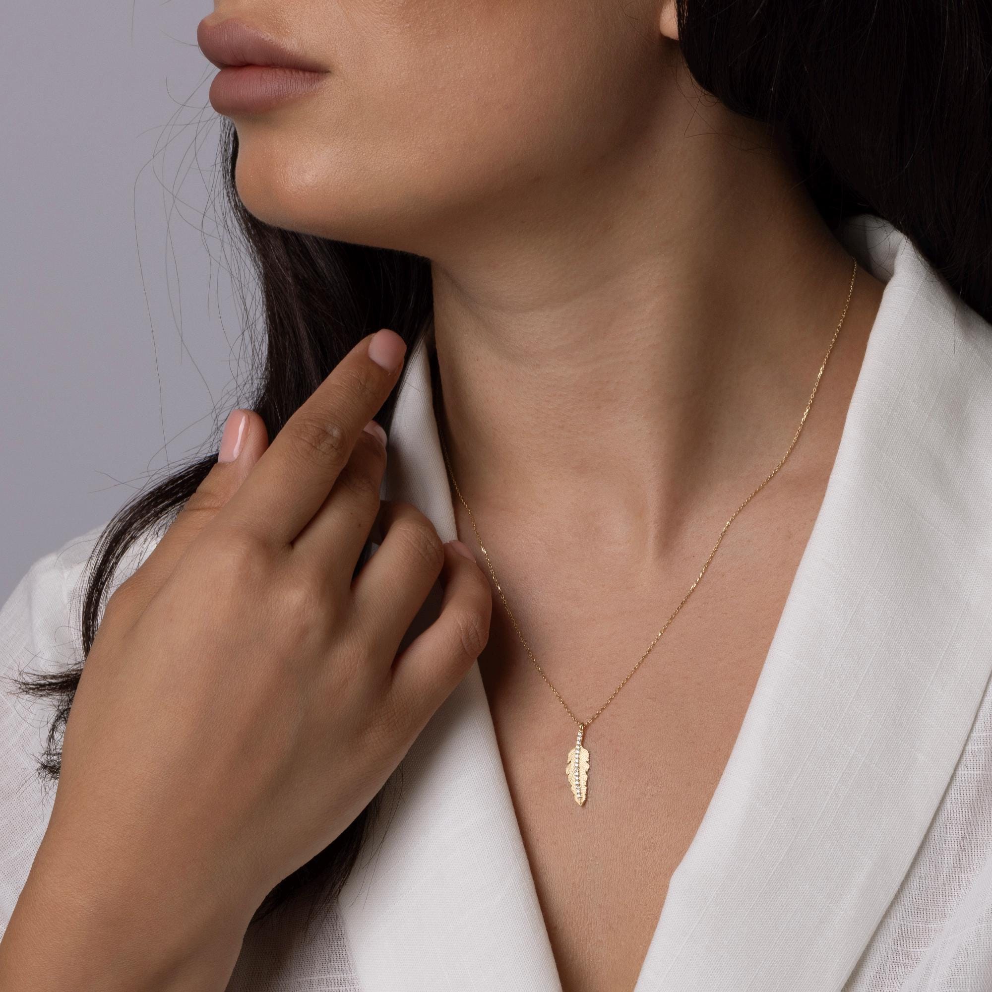 14K Solid Gold Feather Necklace - Real Gold Leaf Pendant