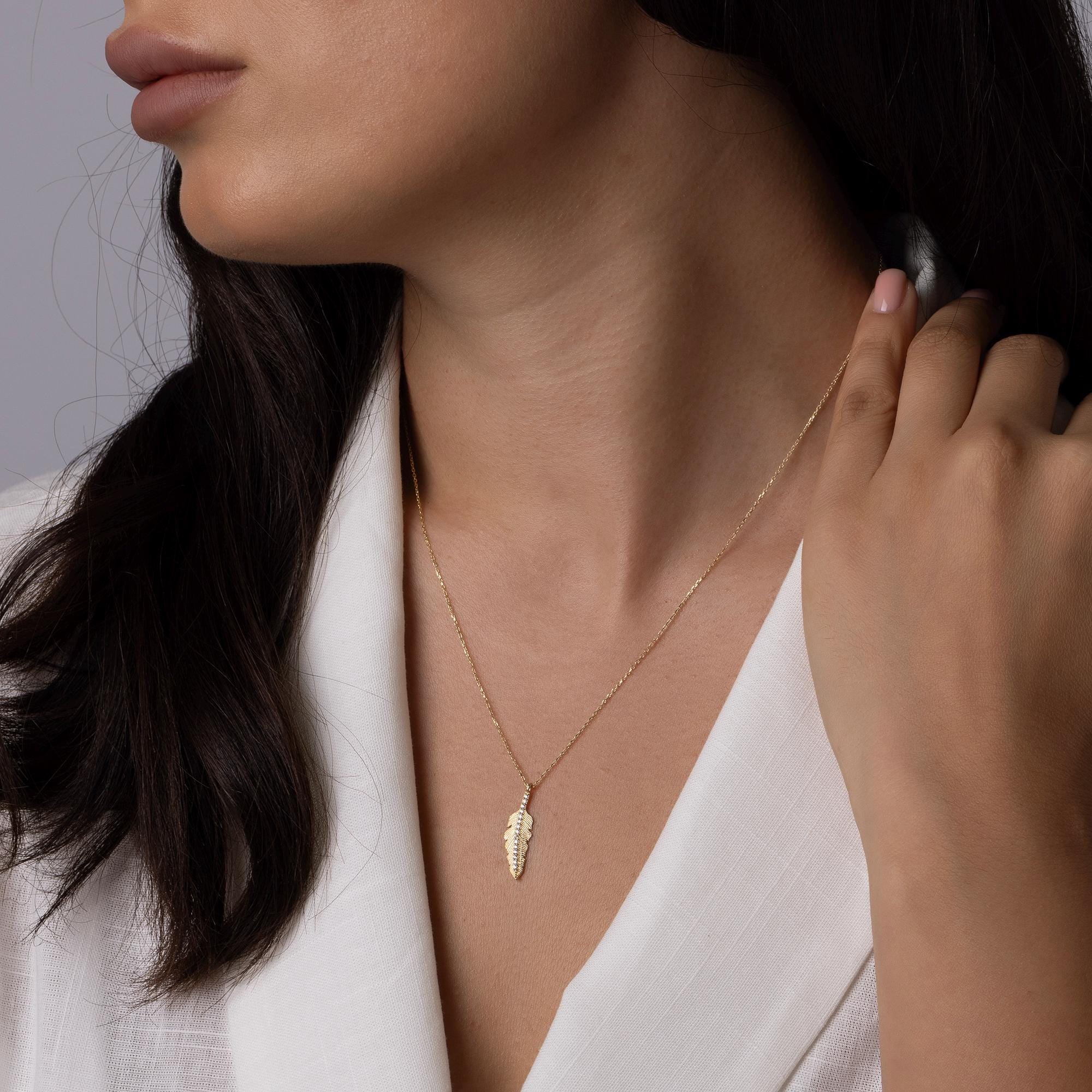 14K Solid Gold Feather Necklace - Real Gold Leaf Pendant