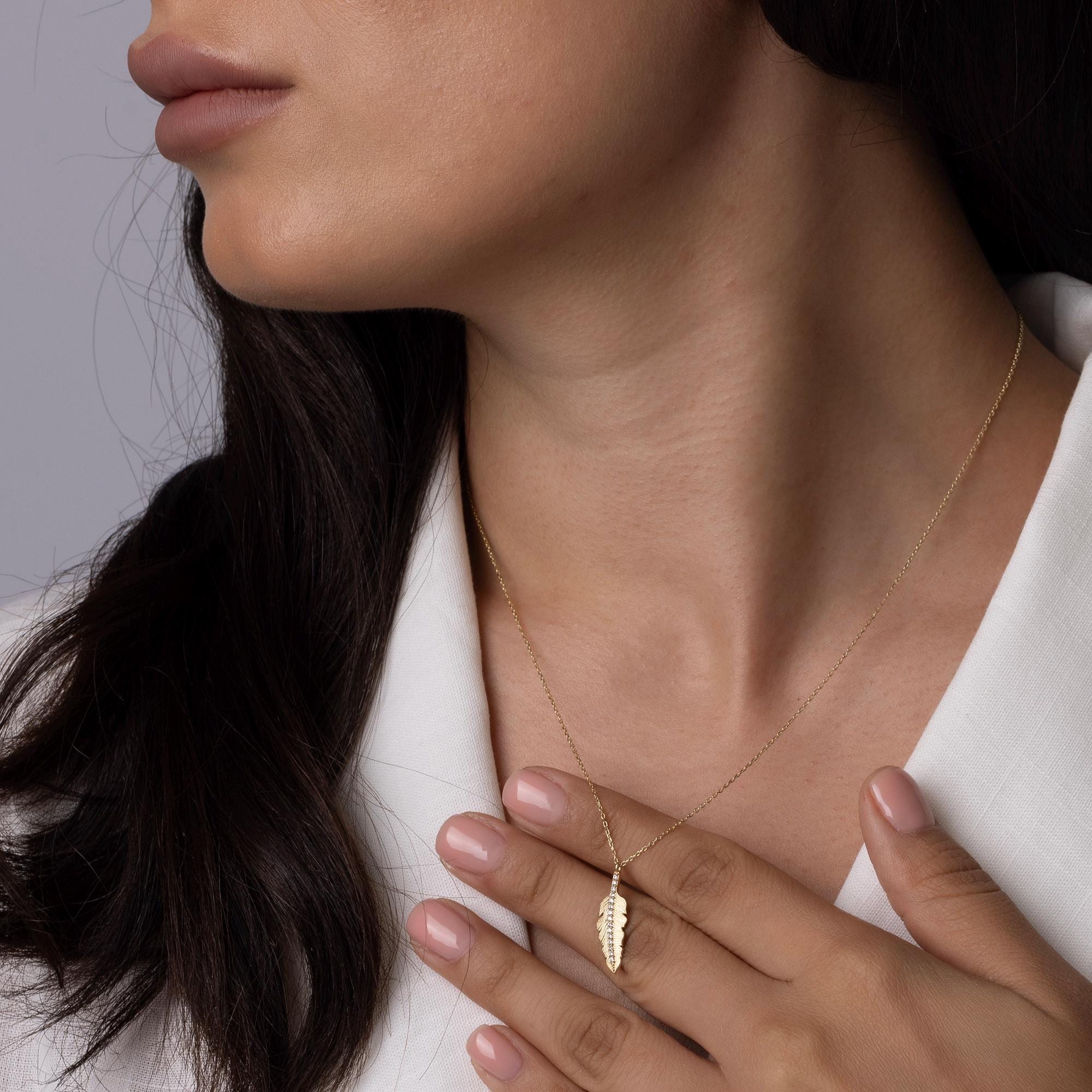 14K Solid Gold Feather Necklace - Real Gold Leaf Pendant