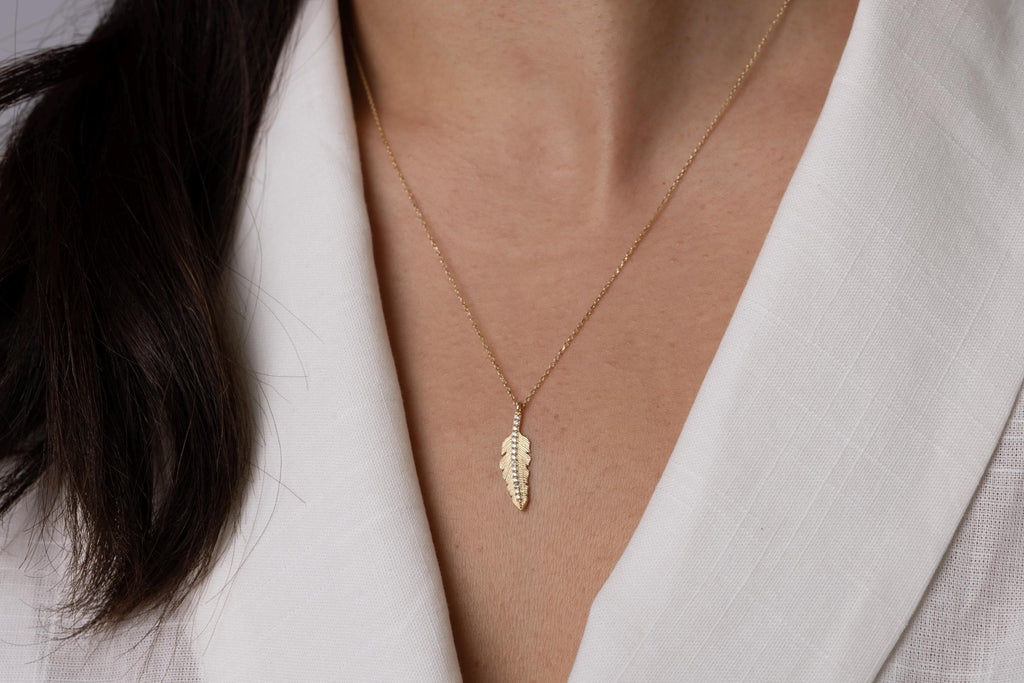 14K Solid Gold Feather Necklace - Real Gold Leaf Pendant