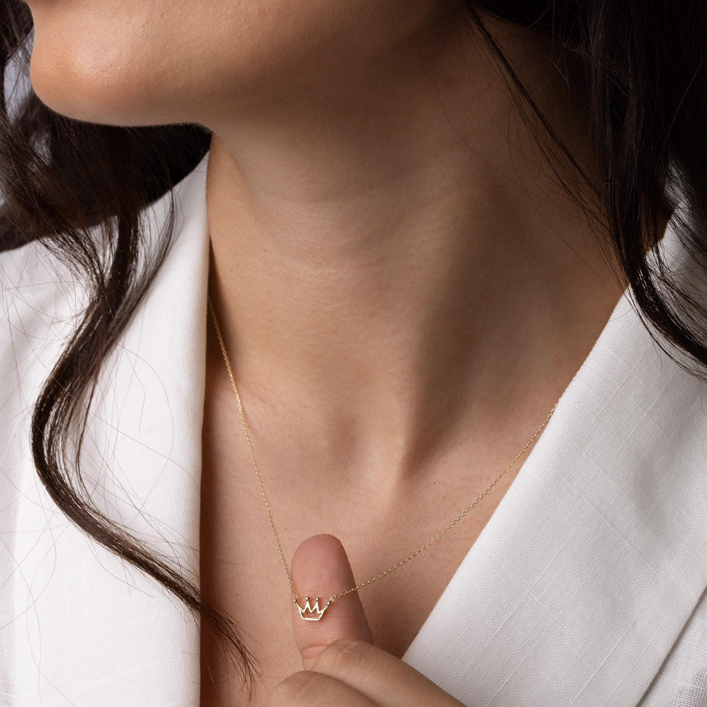14K Solid Gold Crown Necklace - Dainty Royal Pendant