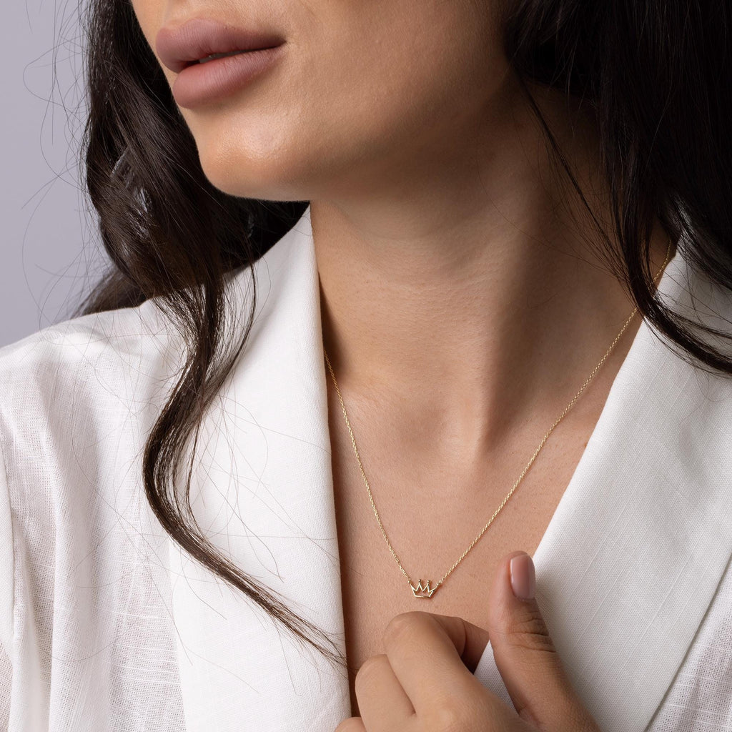 14K Solid Gold Crown Necklace - Dainty Royal Pendant